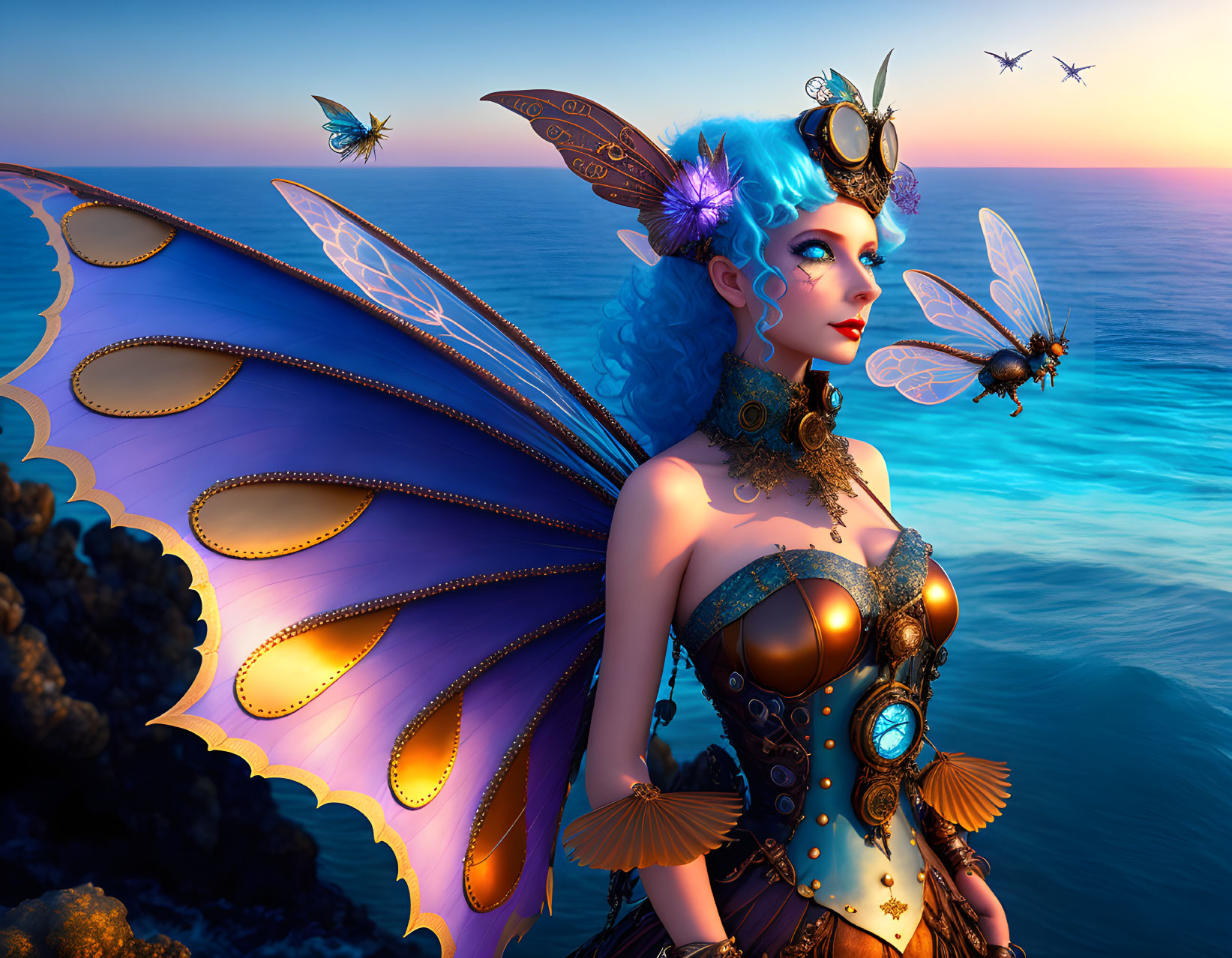 Fantastical female figure with butterfly wings in steampunk attire by seaside at sunset with mechanical bees