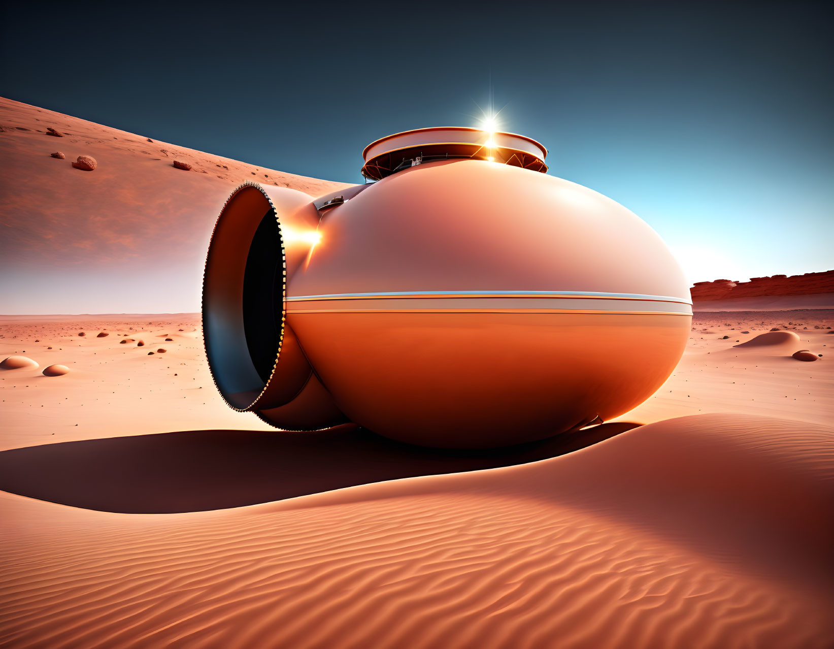 Orange spherical vehicle with open hatch in desert landscape