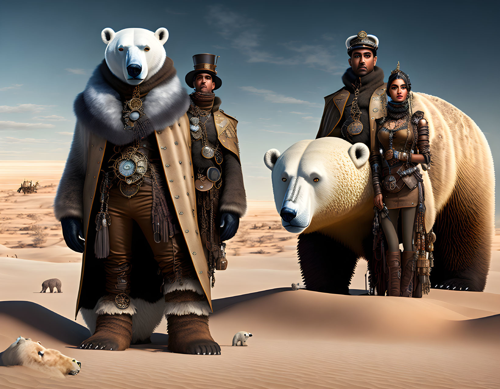 Four people in ornate clothing with two bears in a desert with scattered human skulls