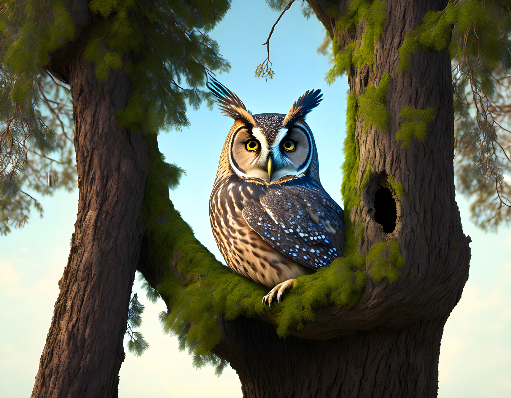 3D animated owl in tree fork with yellow eyes and moss surroundings