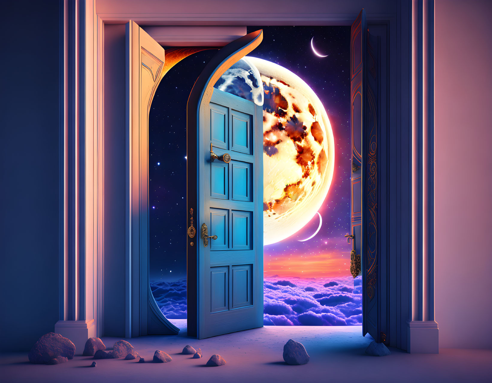 Surreal open door revealing cosmic scene with moon, stars, planets