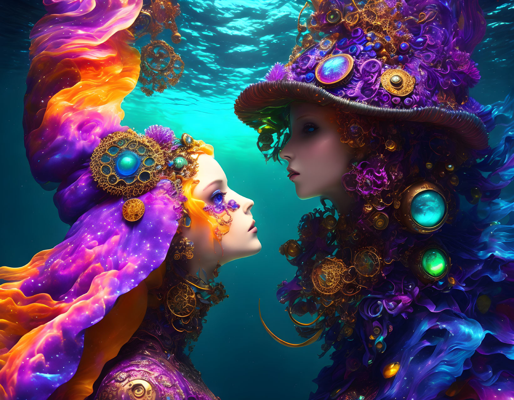 Fantasy figures with vibrant headgear and curly hair in underwater scene