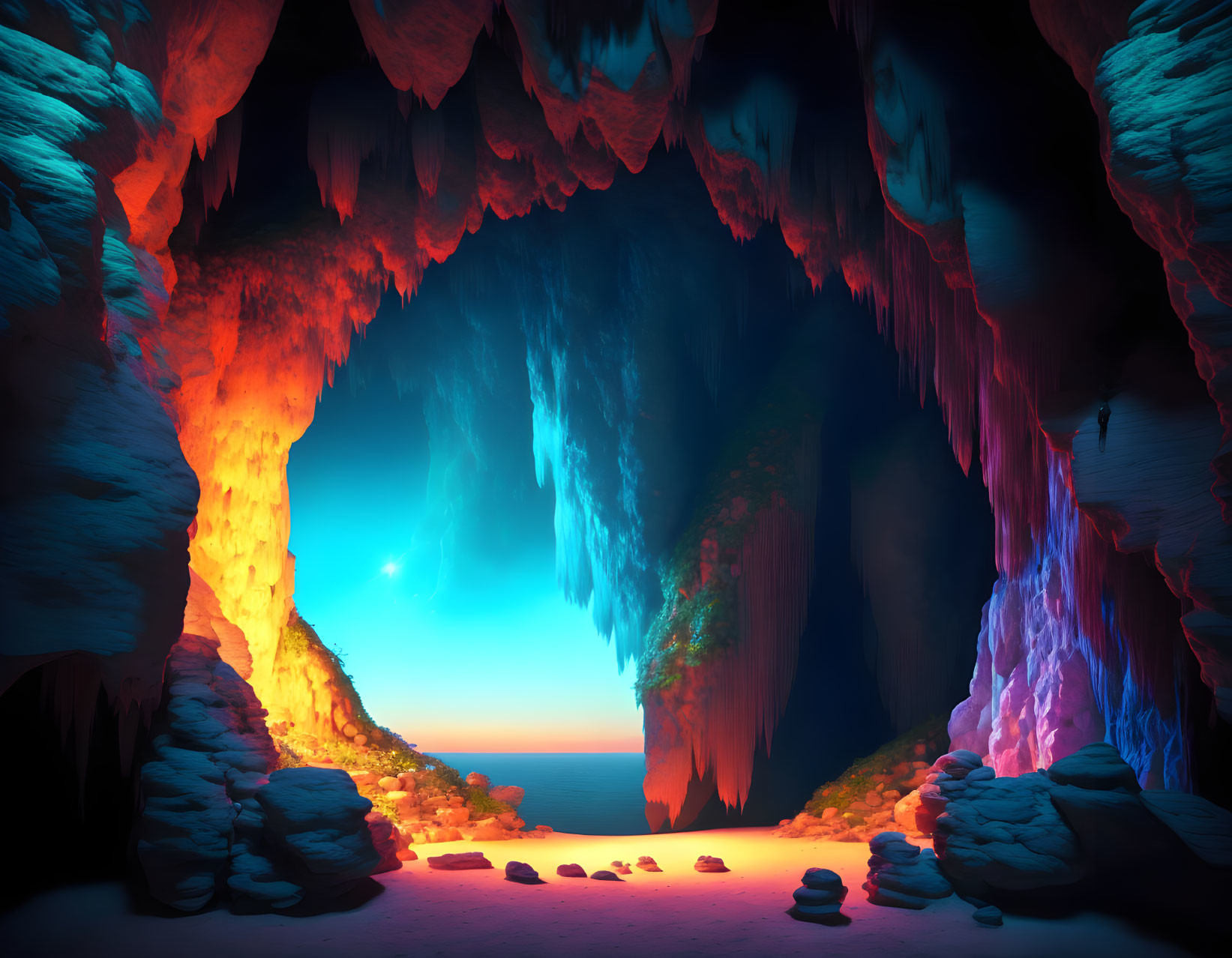 Surreal image of mystical cave with vibrant lighting and ocean view