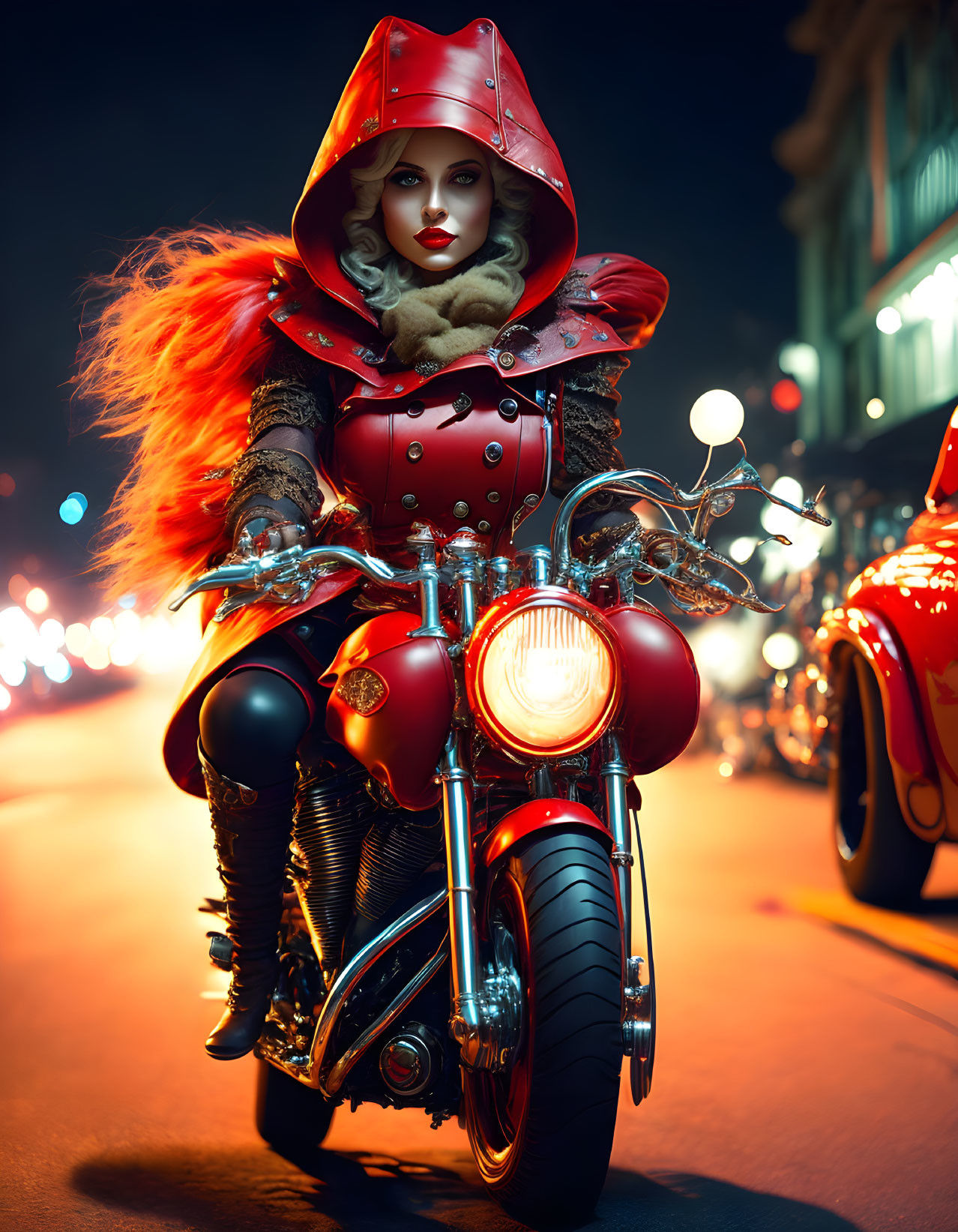 Stylized Red Riding Hood on Motorcycle in City Nightlife