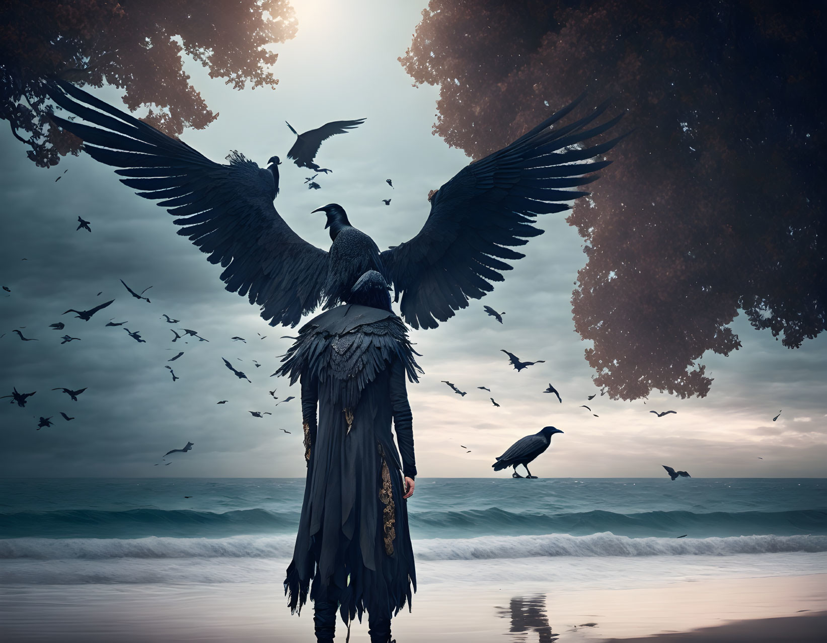 Person with raven wings gazes at giant raven in dramatic sky