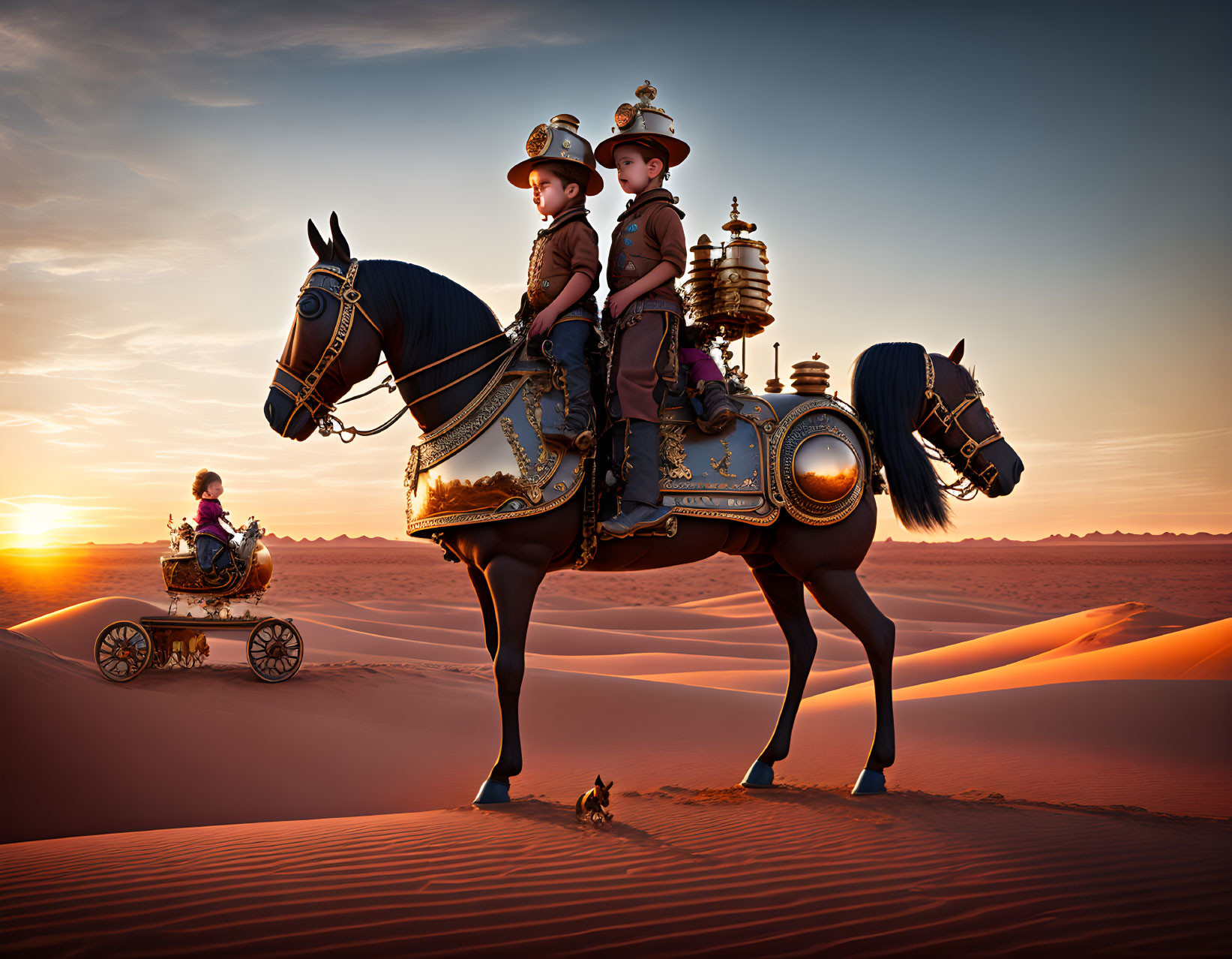 Steampunk-themed artwork: Children on mechanical horse in desert.