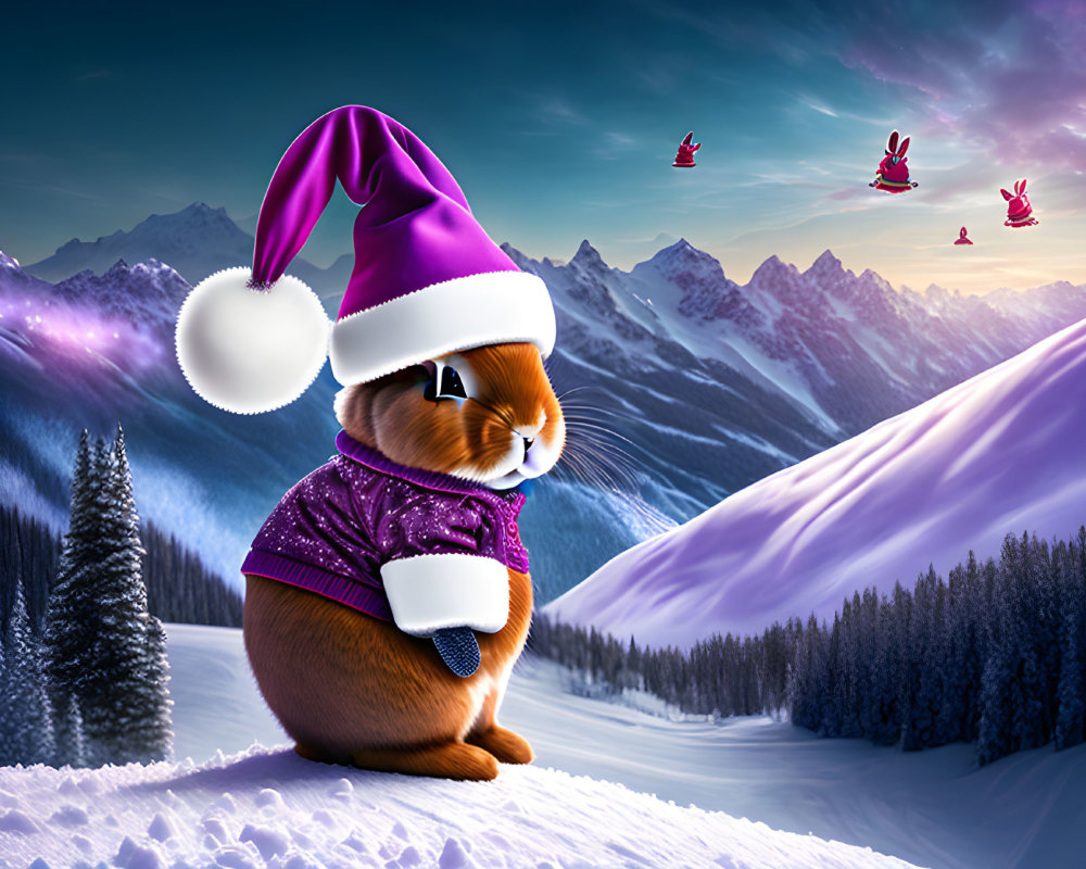 Bunny in Purple Sweater and Santa Hat in Snowy Landscape