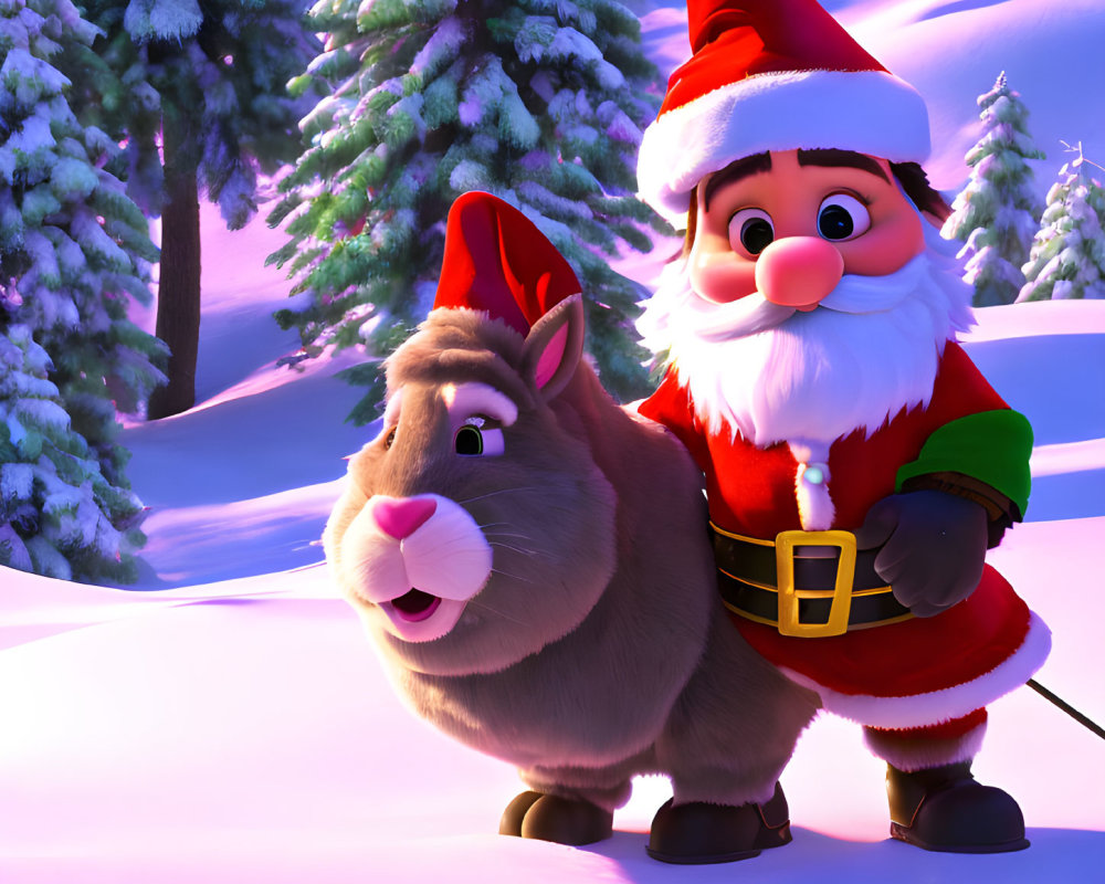 Santa Claus and reindeer in red suits and Christmas hats in snowy, purple sky scene.