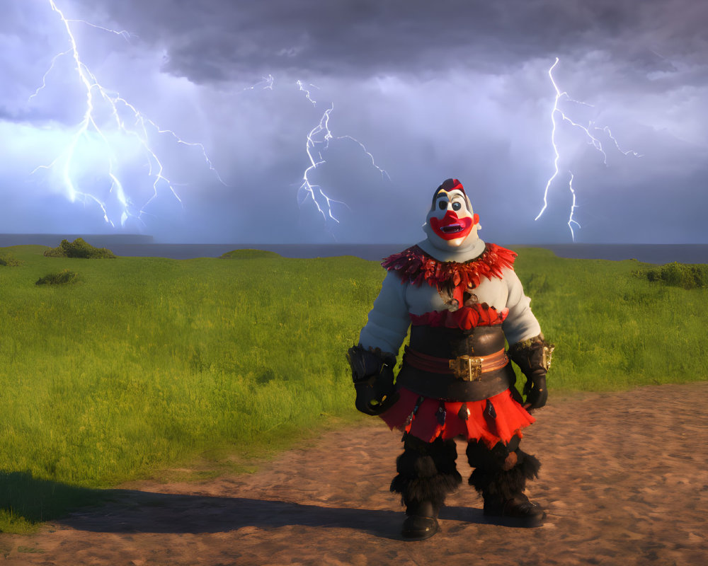 Menacing 3D-rendered clown on path under stormy sky