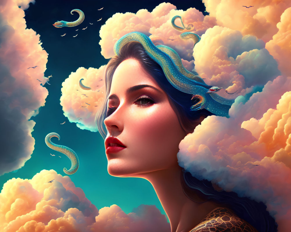 Surreal portrait of woman with snakes in hair in dreamlike sky