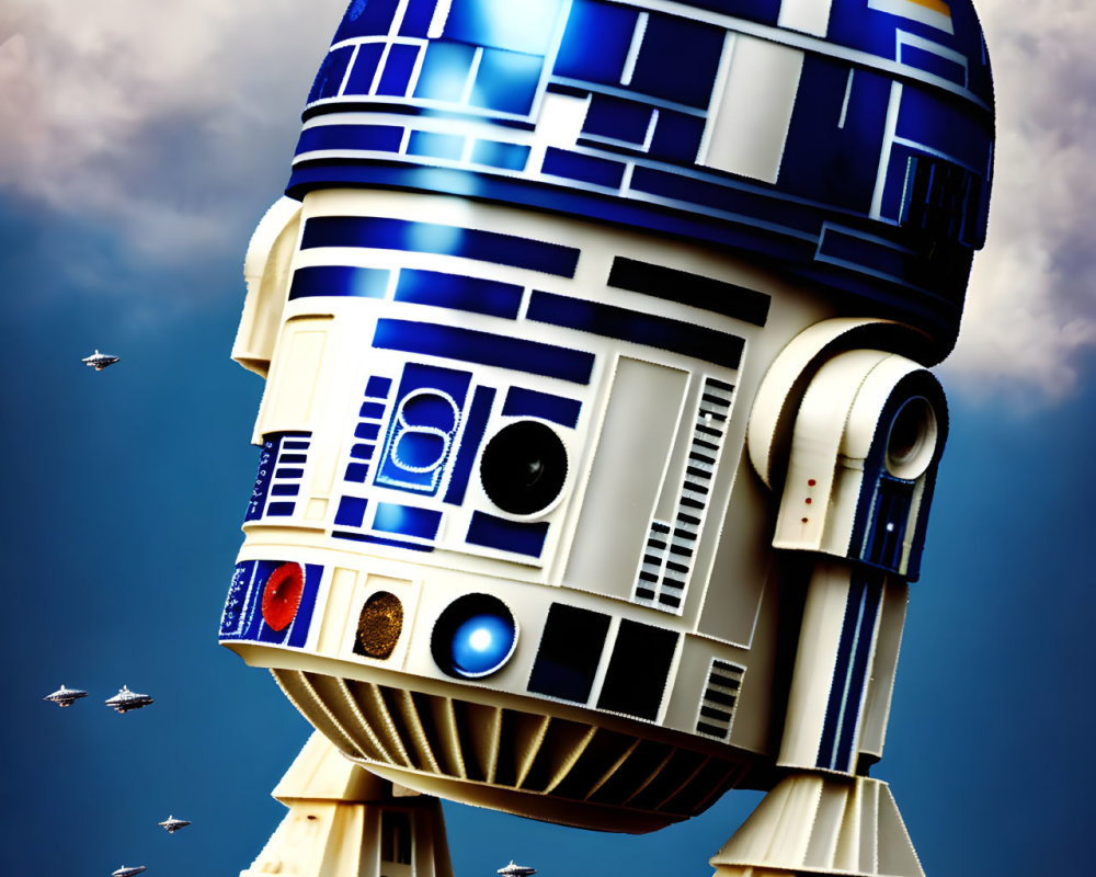 Supersized R2-D2 Artwork with Flying Miniatures in Cloudy Sky