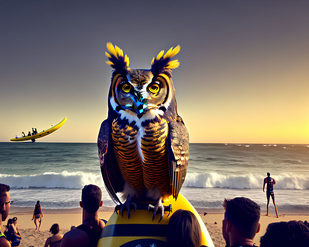 Owl on beach with people, lifeguard tower, boat at sunset