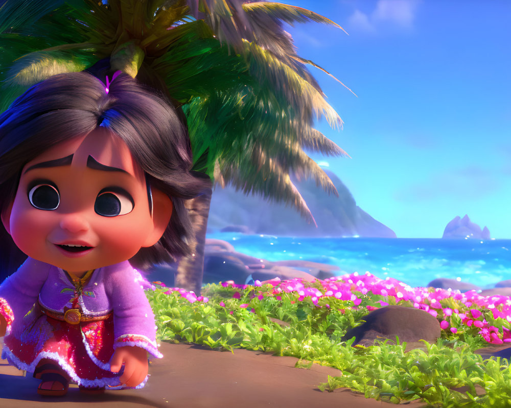 Young animated girl on tropical beach with vibrant flowers and blue skies