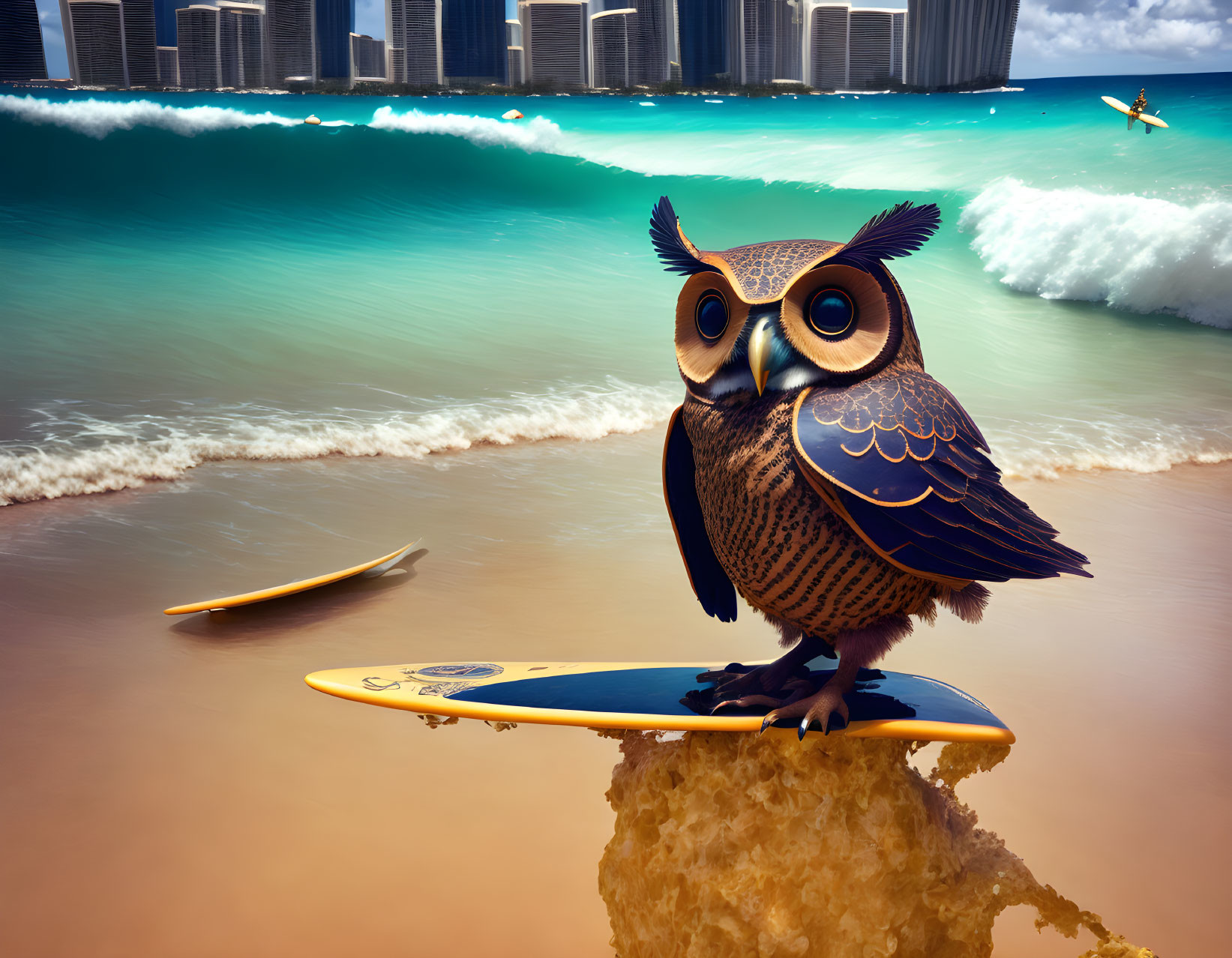 Exaggerated-eyed owl on surfboard at beach with city skyline and paddler