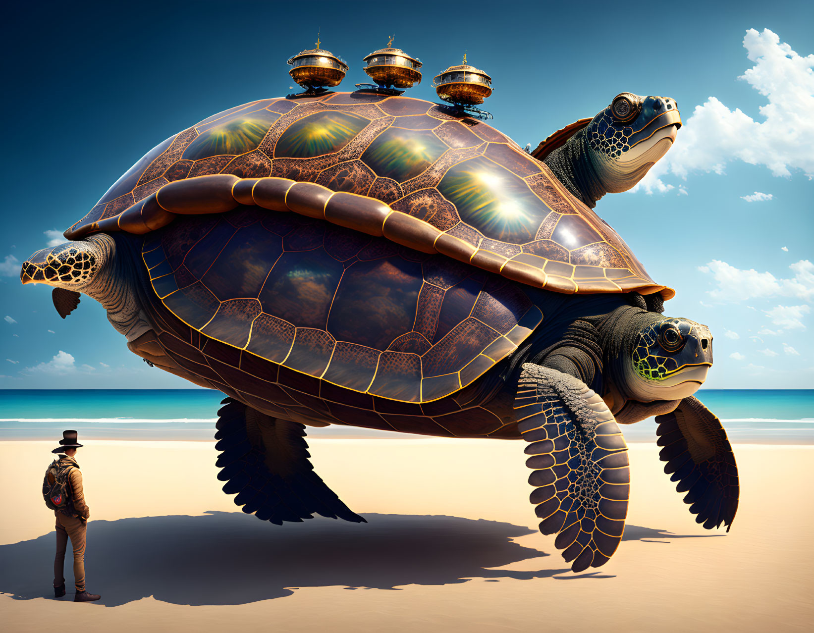 Steampunk giant turtle with domes on shell on sandy beach