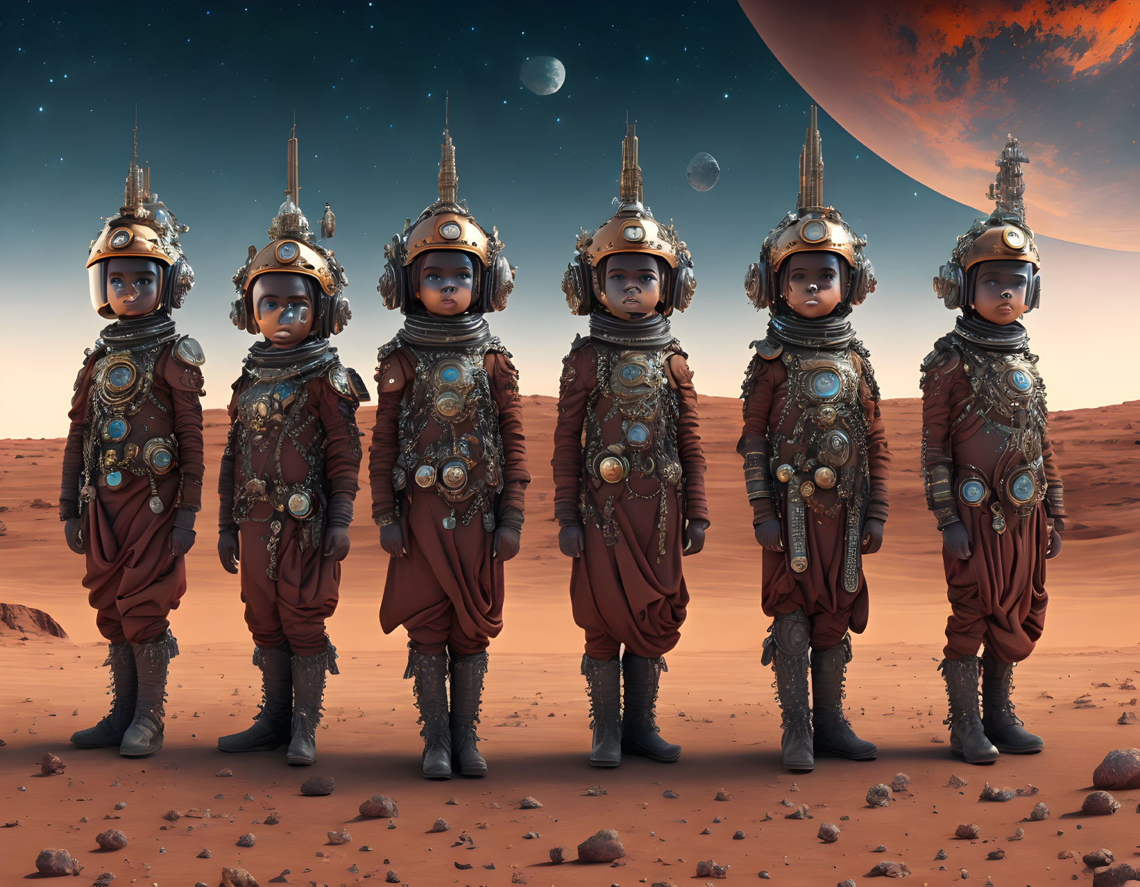 Astronauts in steampunk-style suits on Mars-like planet