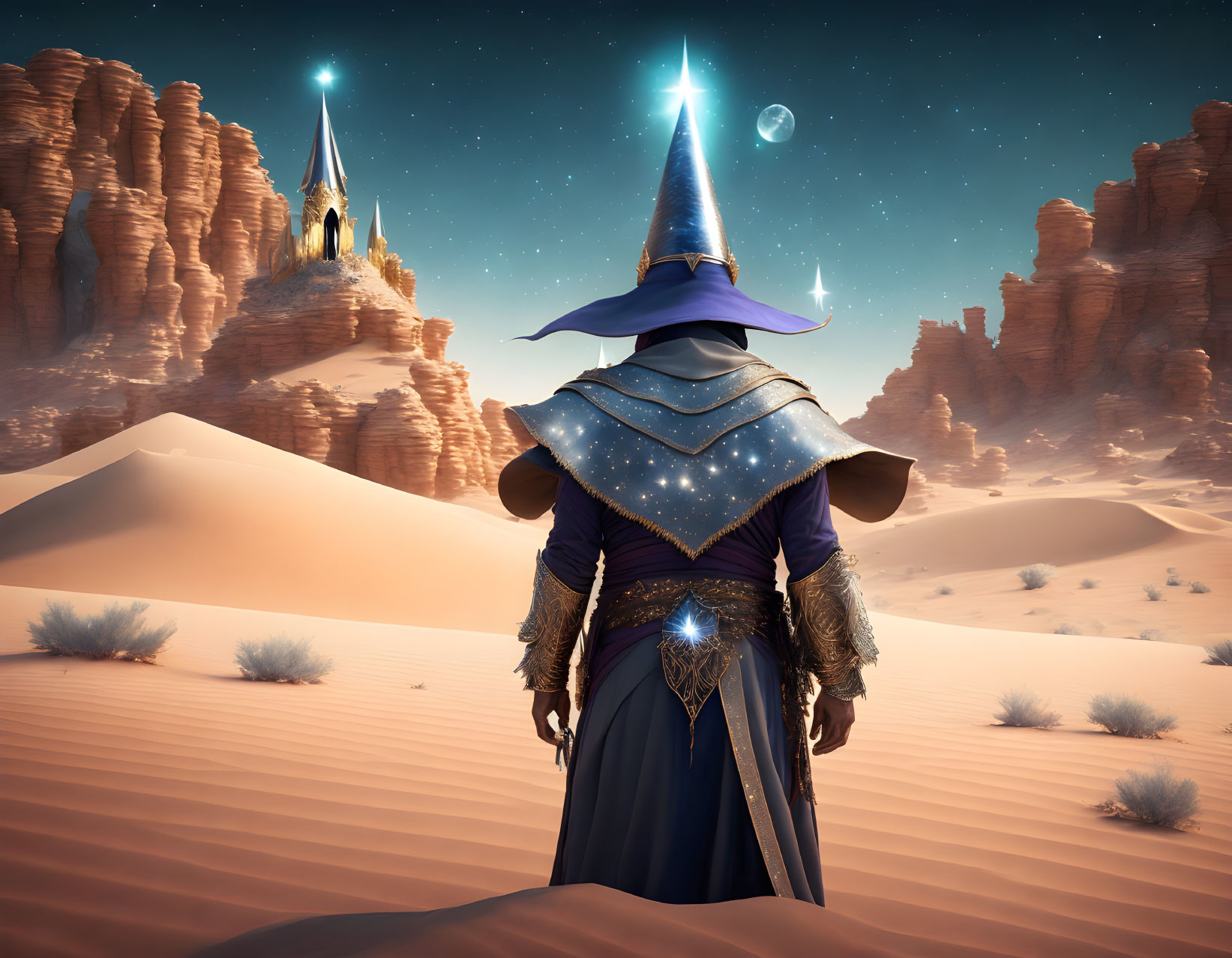 Wizard in Star Cloak and Pointed Hat Gazes at Magical Towers in Desert Twilight