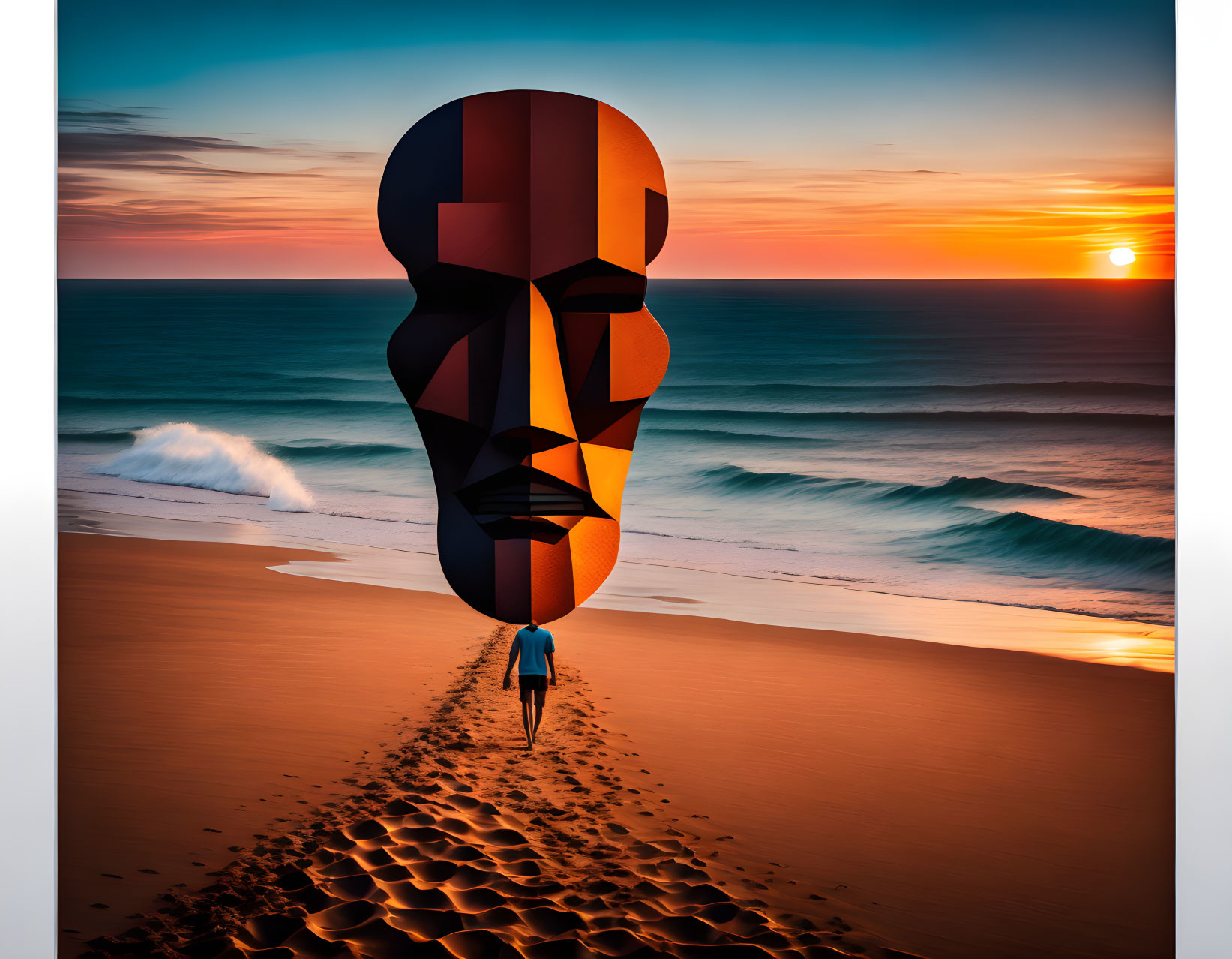 Colorful Abstract Sculpture on Sandy Beach at Sunset with Ocean Waves