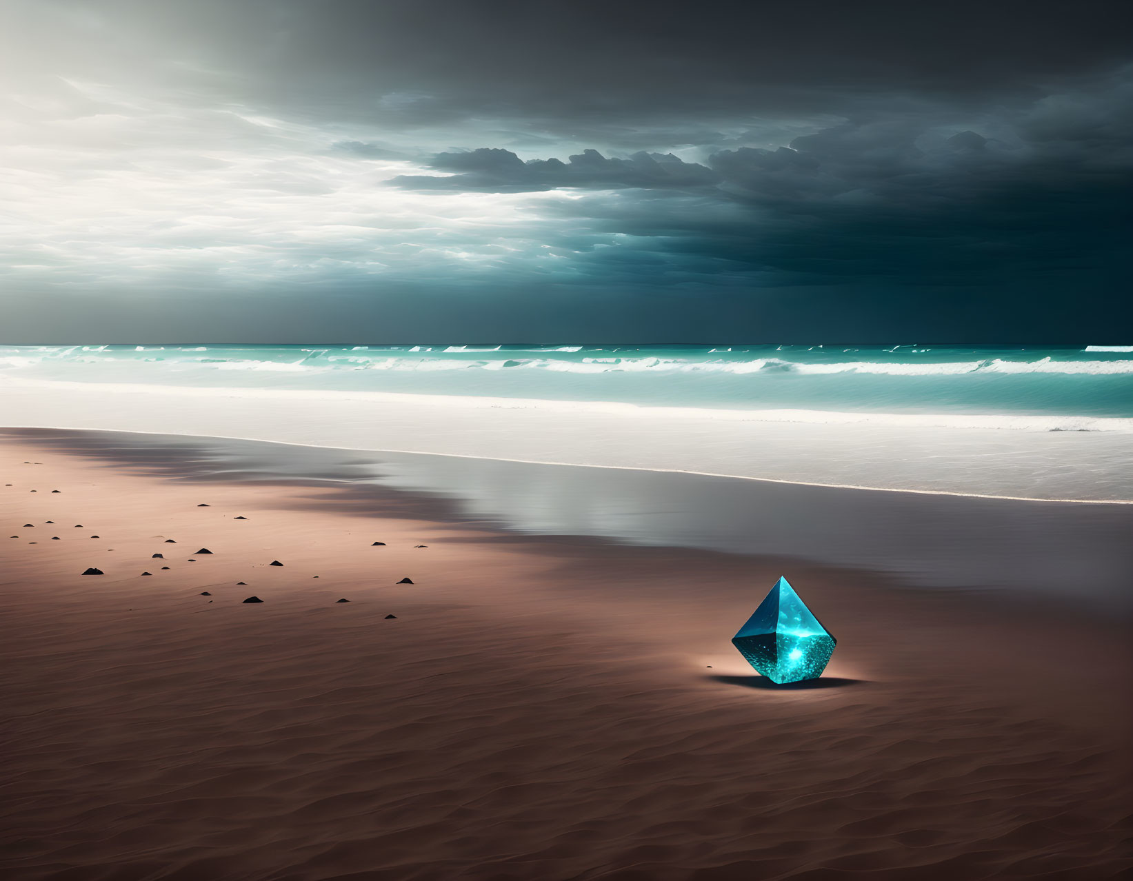 Blue crystal on beach under stormy sky and turbulent sea