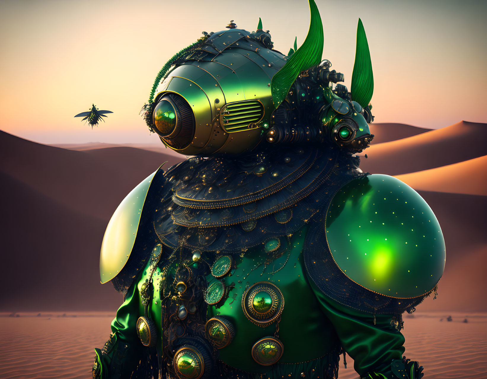 Futuristic knight in green-glowing armor with insect-like features in desert with hovering drone