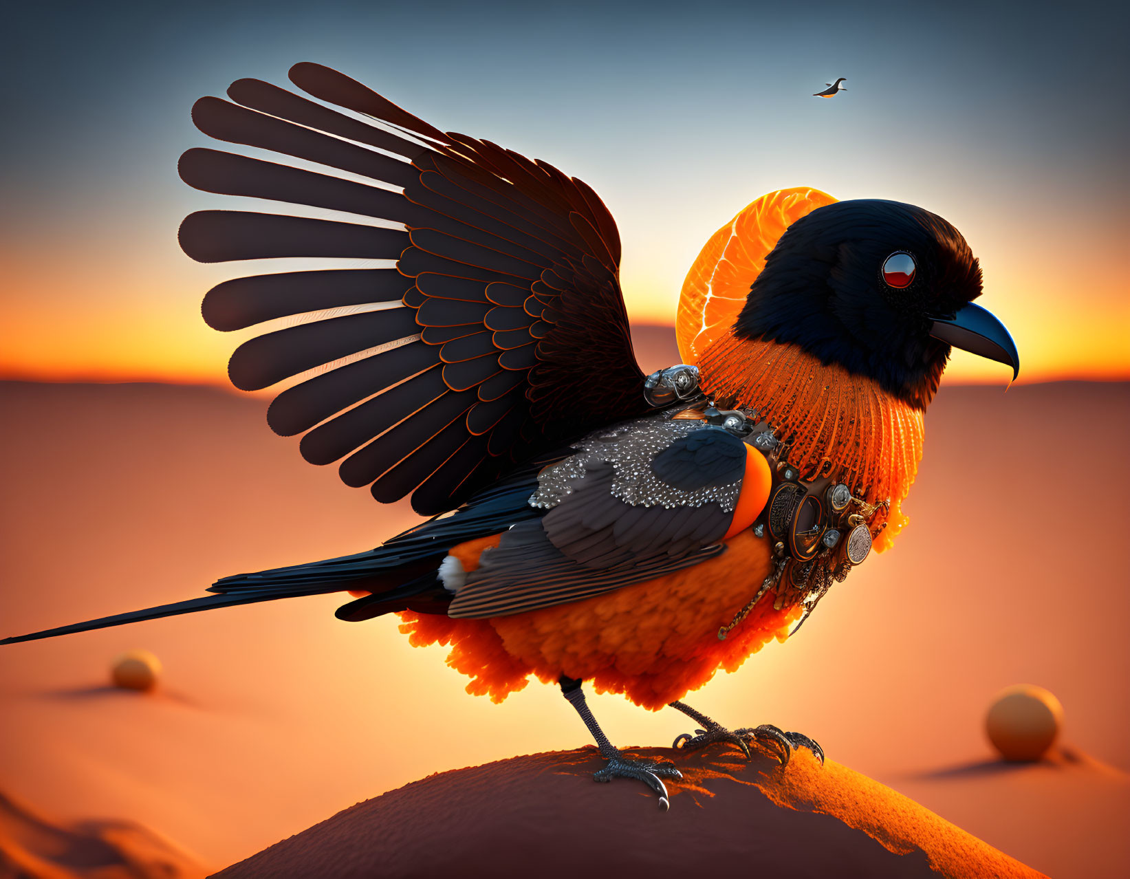 Mechanical bird illustration with orange and black plumage on sandy dune at sunset