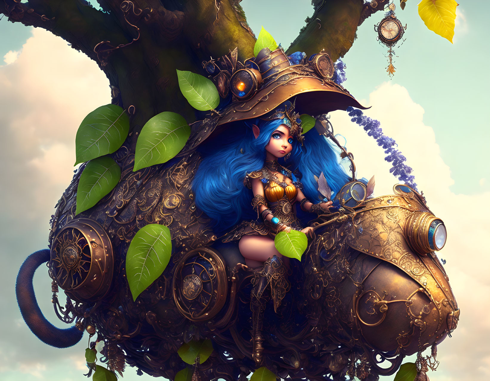 Blue-haired character in steampunk treehouse with green leaves under cloudy sky