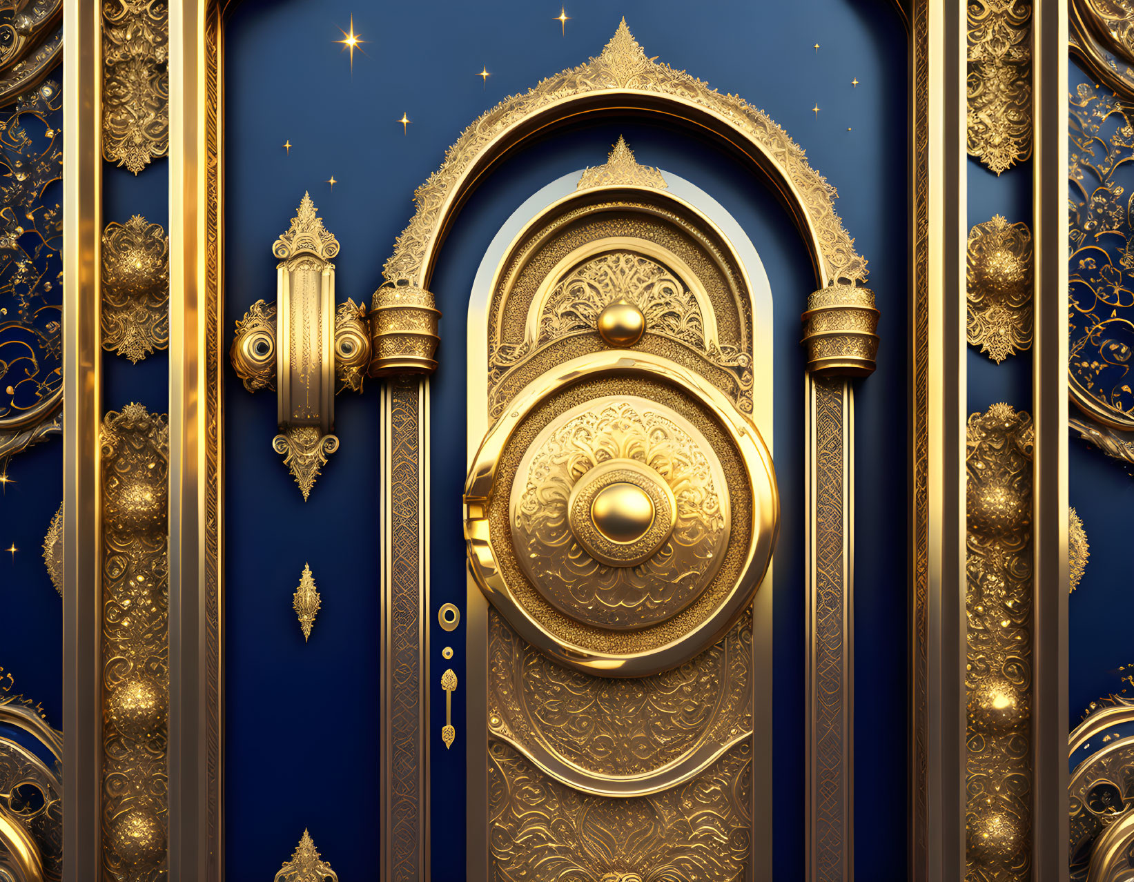 Elaborate golden door with intricate designs on blue background