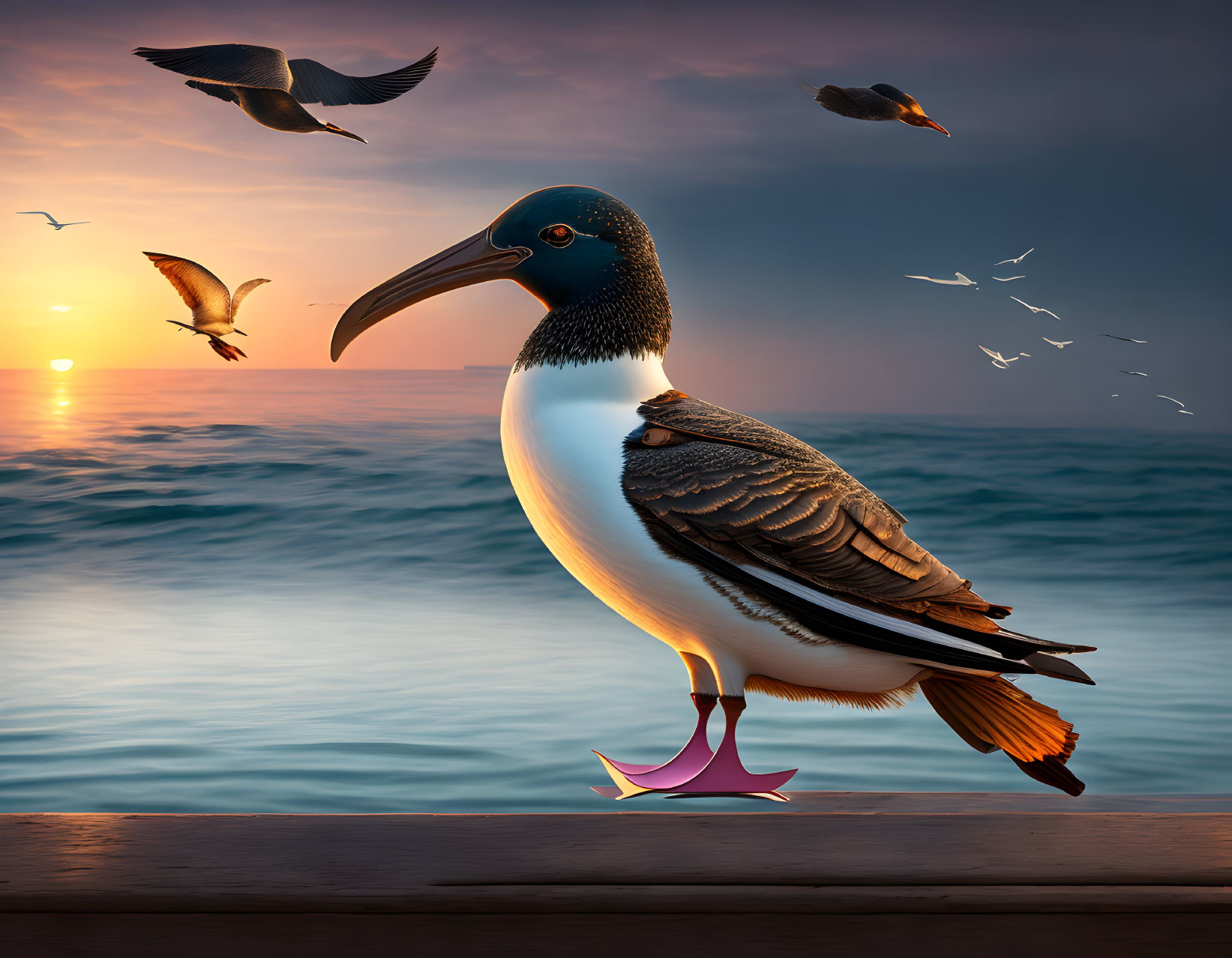 Surreal blue-footed booby with dolphin tail on dock at sunset