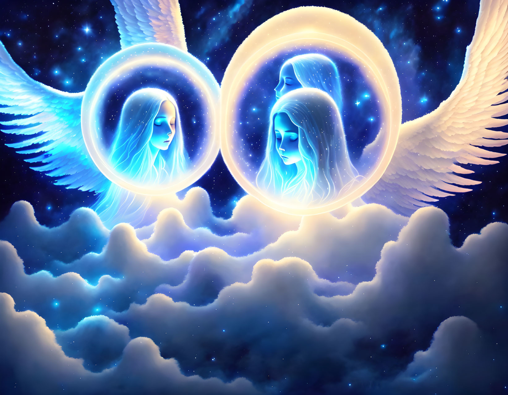 Celestial beings with serene faces and glowing halos and expansive wings in starry night scene