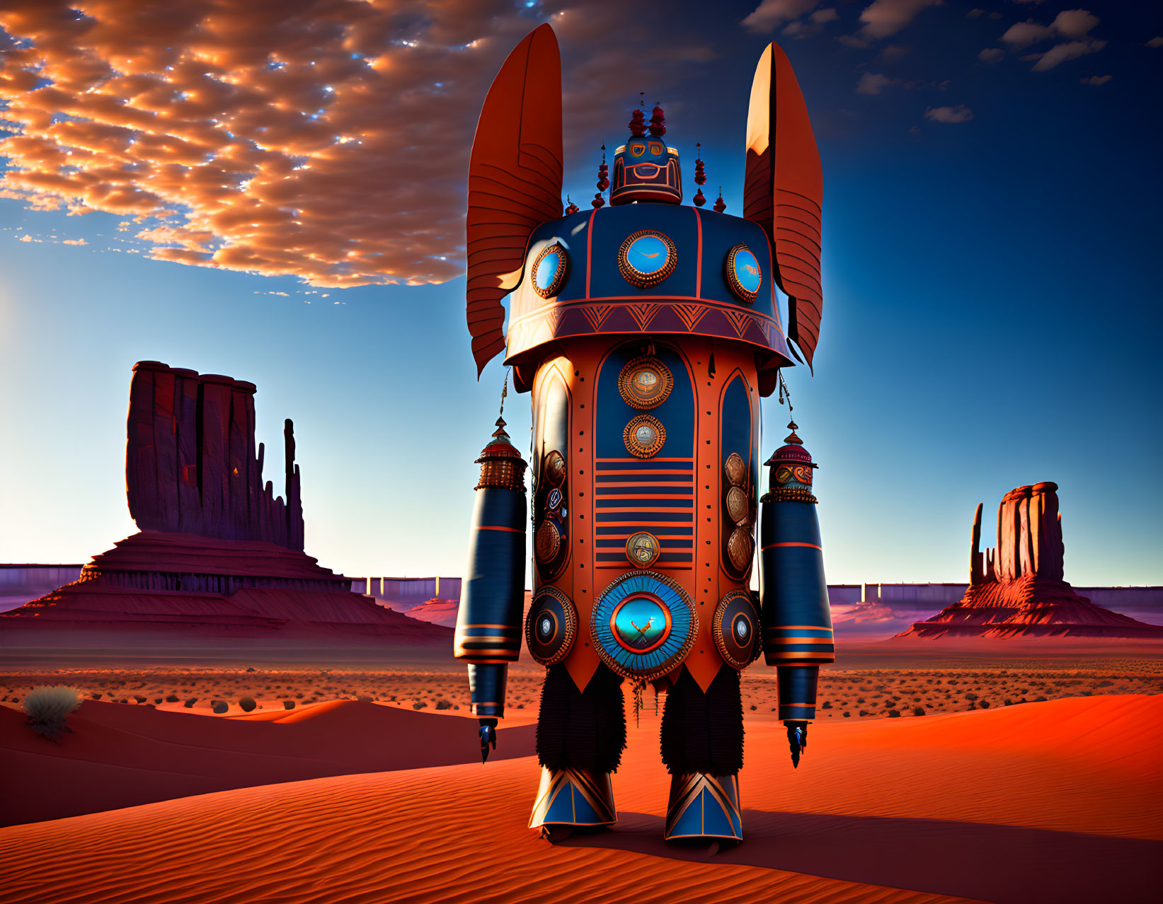 Stylized retro-futuristic rocket in desert landscape at sunset