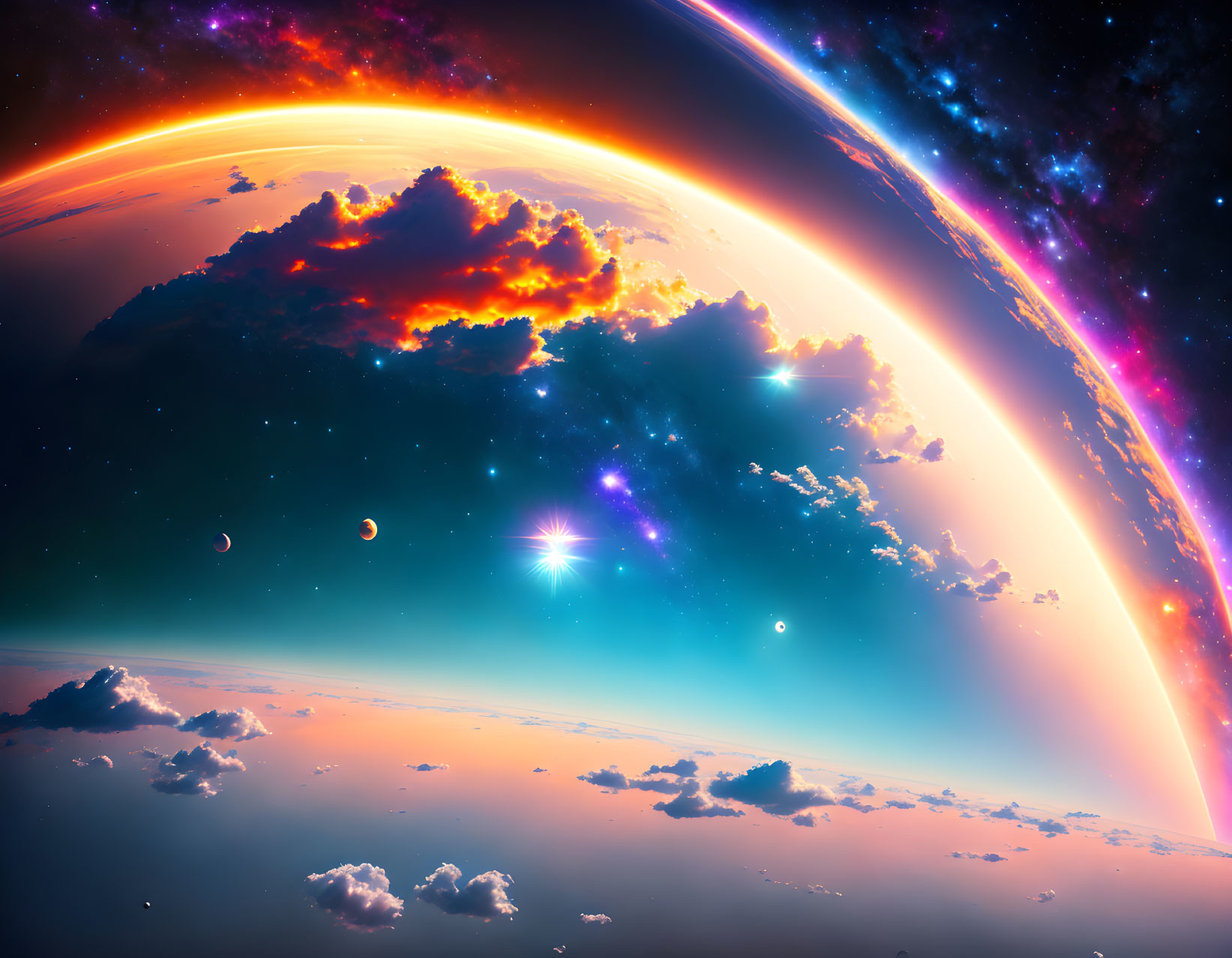 Colorful cosmic scene with planet's horizon, starry backdrop, clouds, celestial bodies, and light