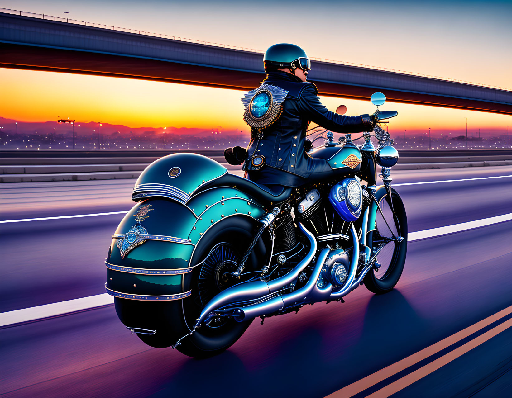 Motorcyclist in Decorated Helmet Riding Classic Blue Motorcycle on Highway at Sunset