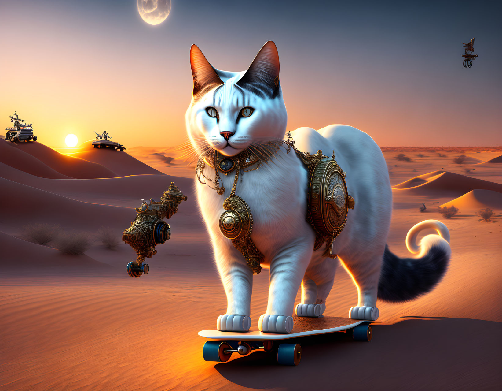 Stylized cat with jewelry skateboards in desert landscape