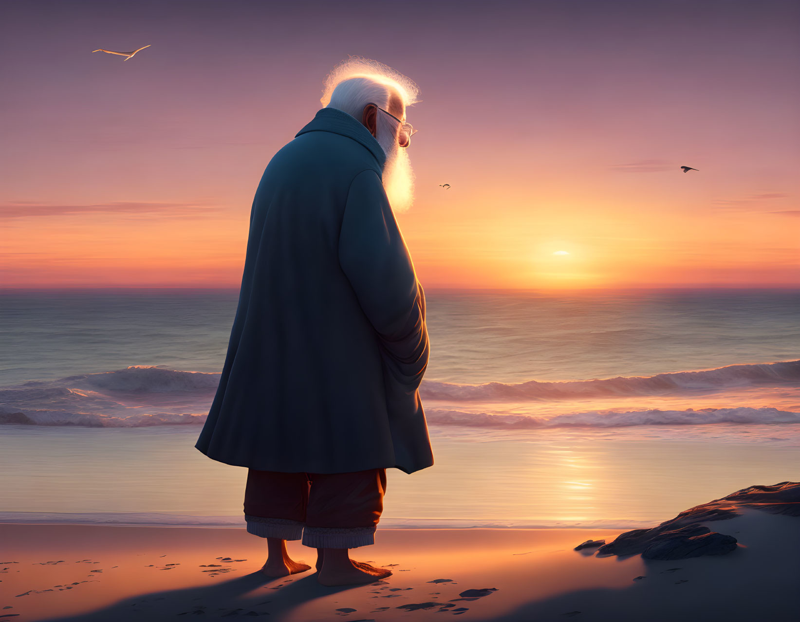 Elderly person with white hair and beard on beach at sunset with birds