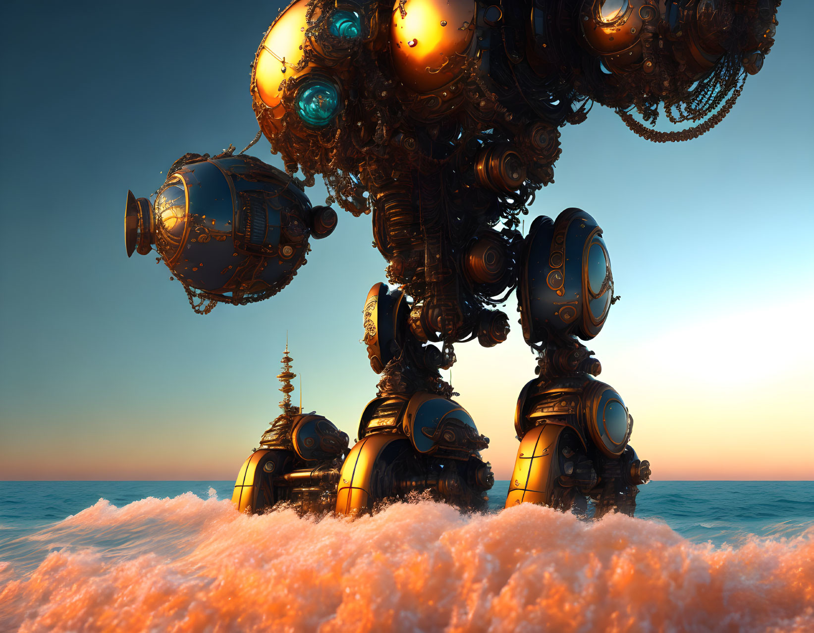 Steampunk-style mechanical structure over foamy ocean at sunset