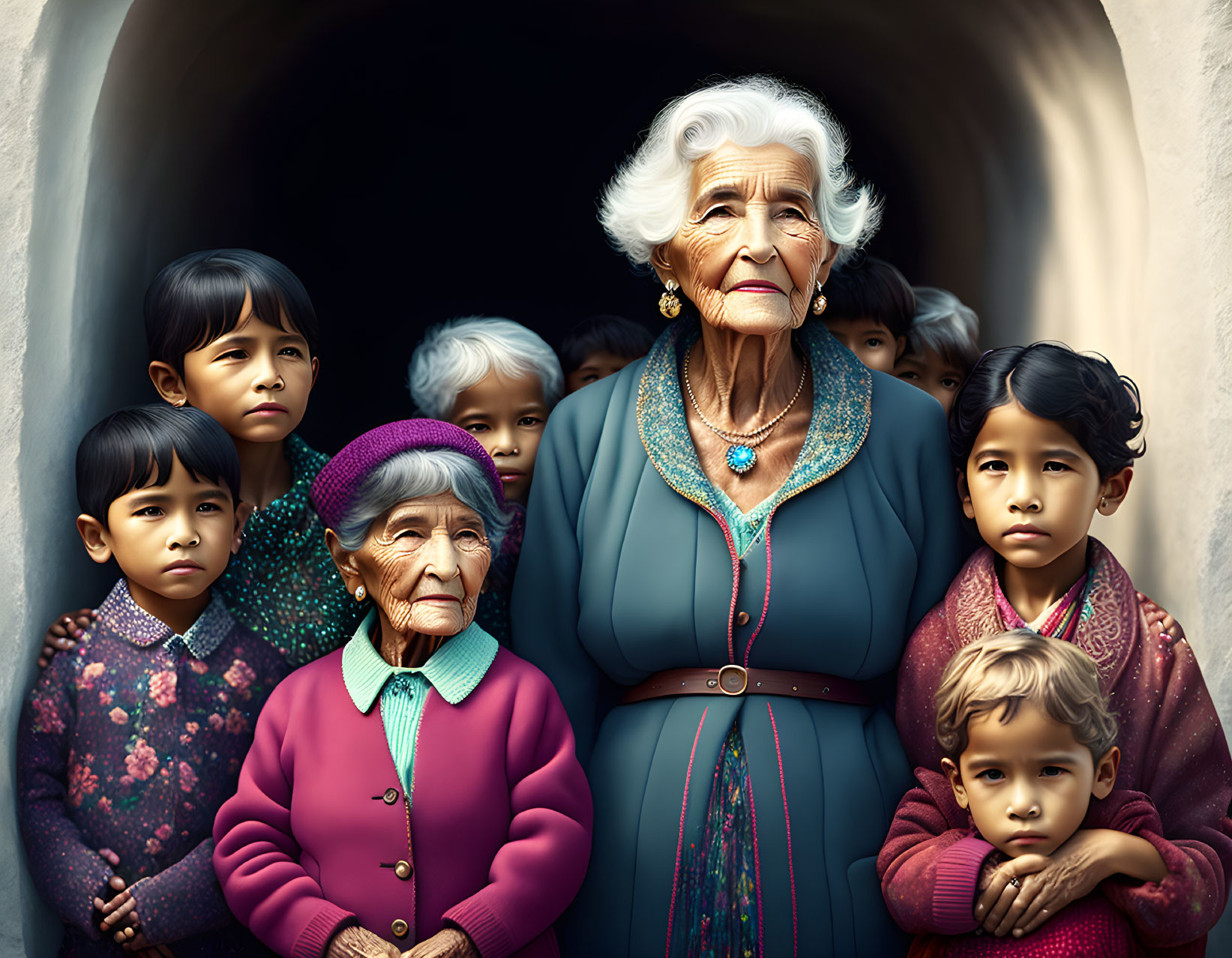 Elderly woman with children in dimly lit passage