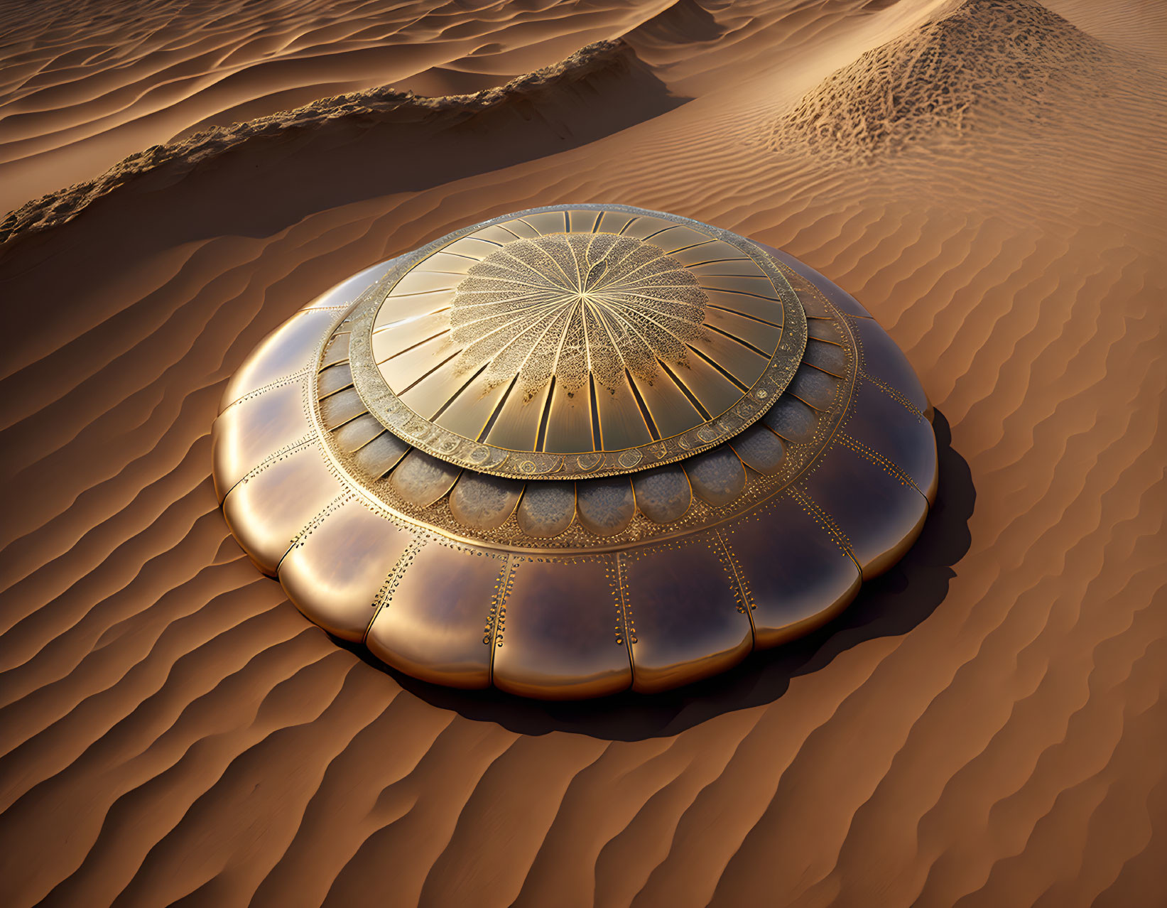 Intricately designed metallic saucer on desert dune