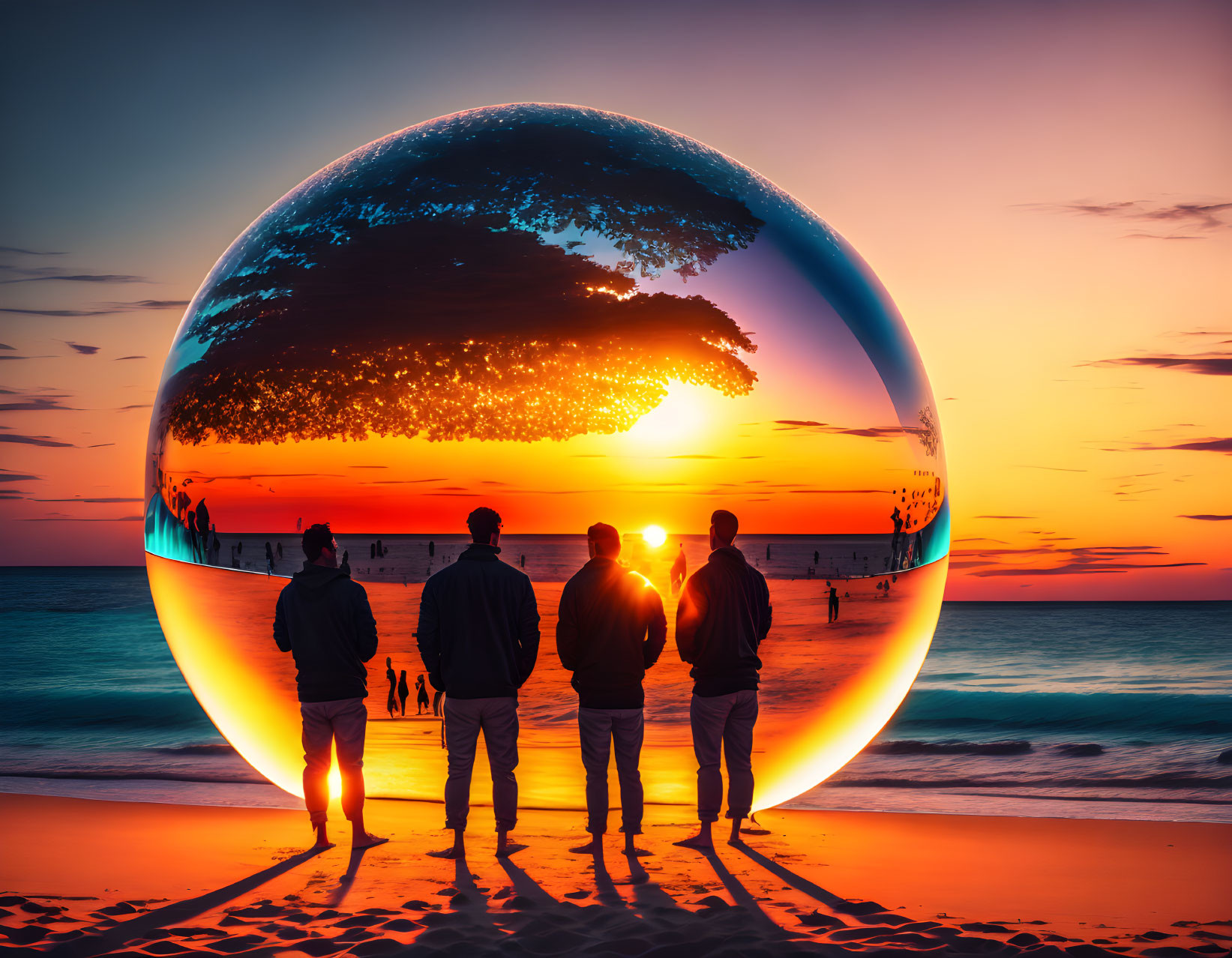 Silhouetted individuals in front of reflective sphere with inverted sunset beach scene