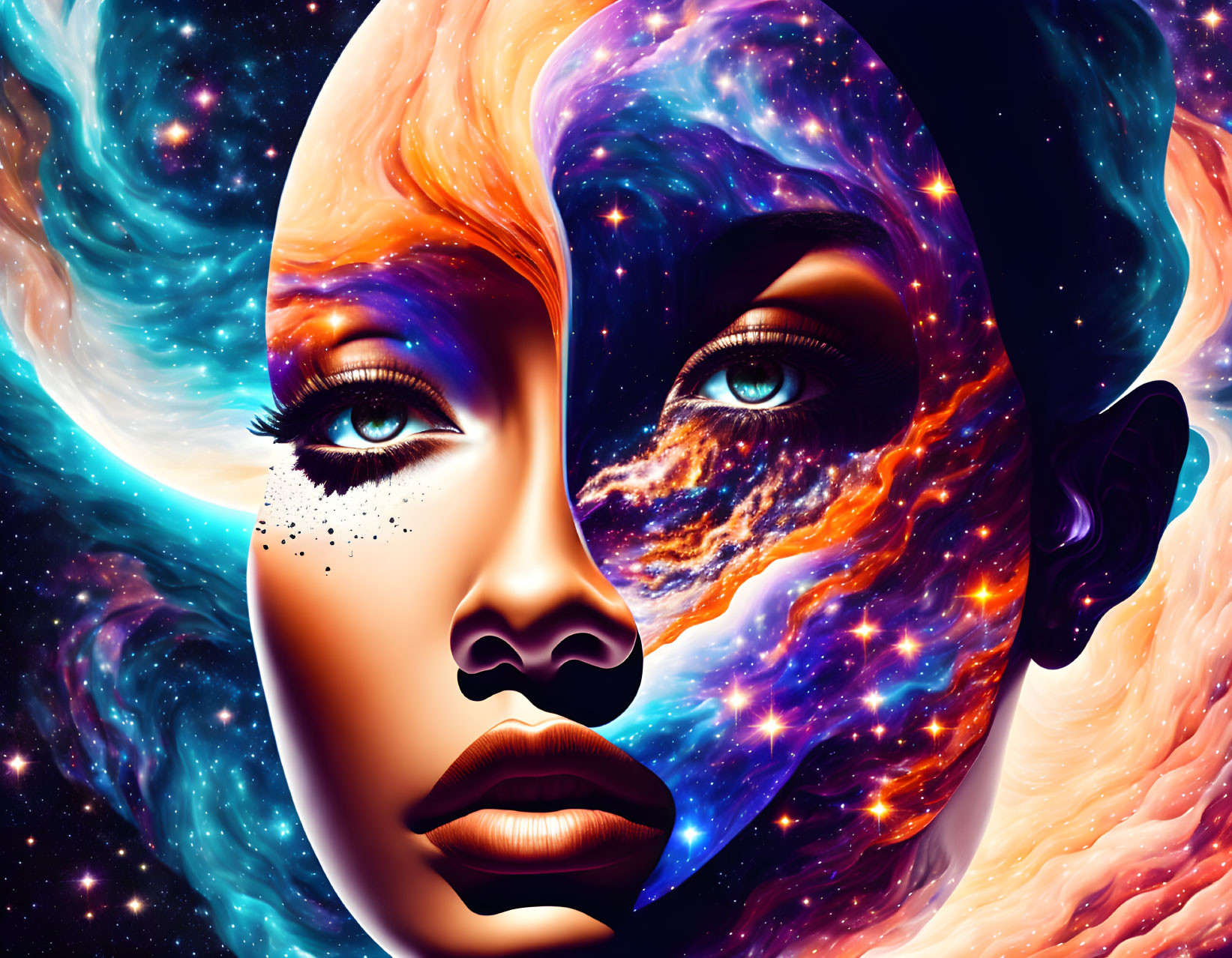 Digital artwork: merging two female faces, one realistic, one galaxy-themed