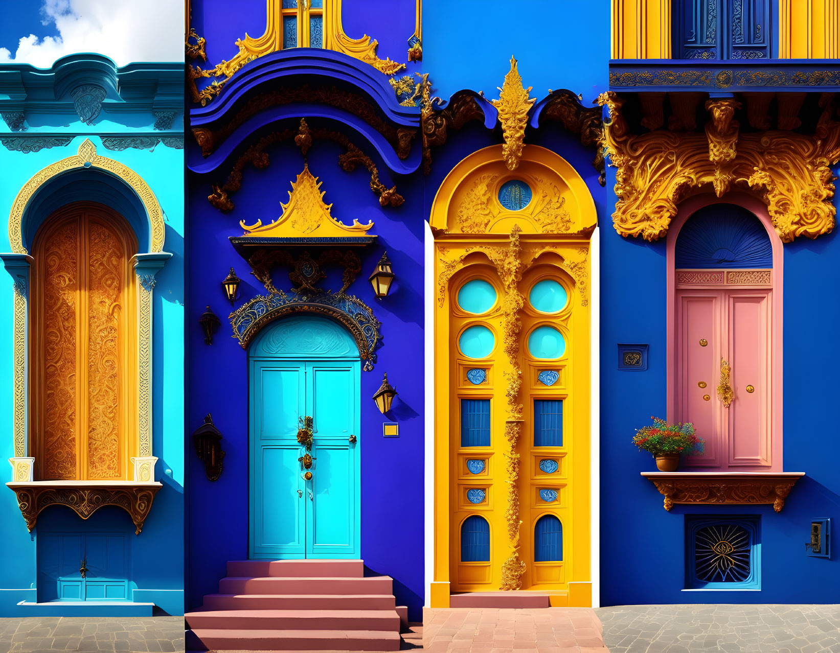 Vibrant Blue and Yellow Doors with Ornate Details