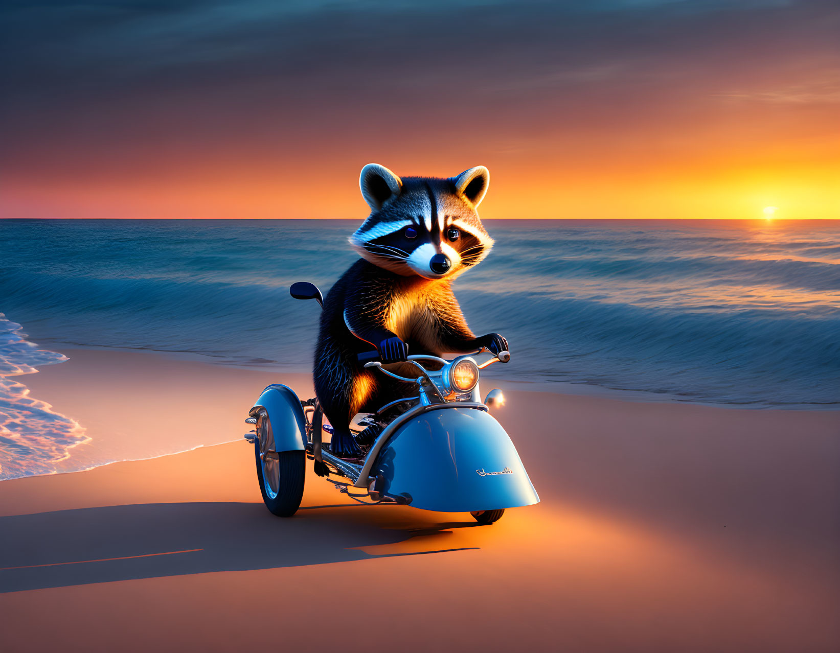 Raccoon on vintage motorcycle on beach at sunset