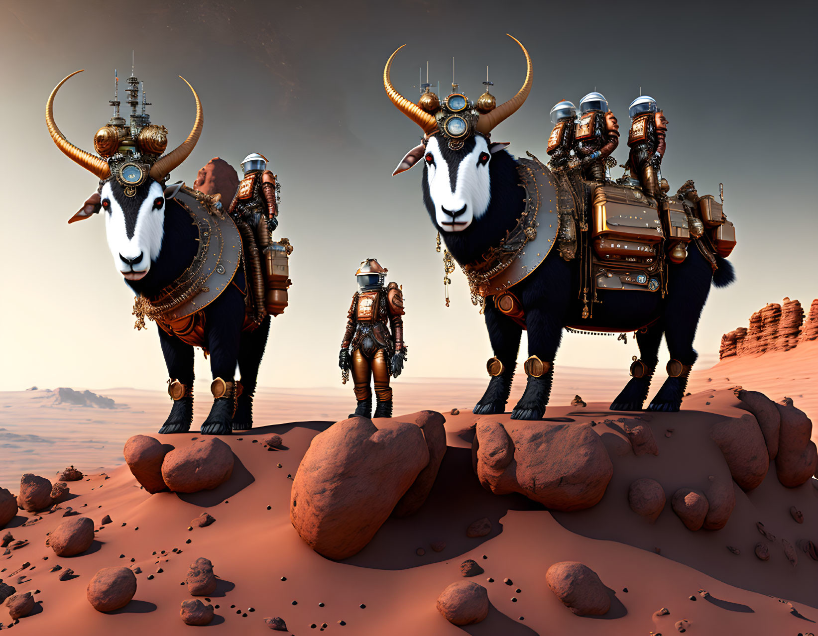 Futuristic travelers on mechanical yaks crossing rocky desert landscape