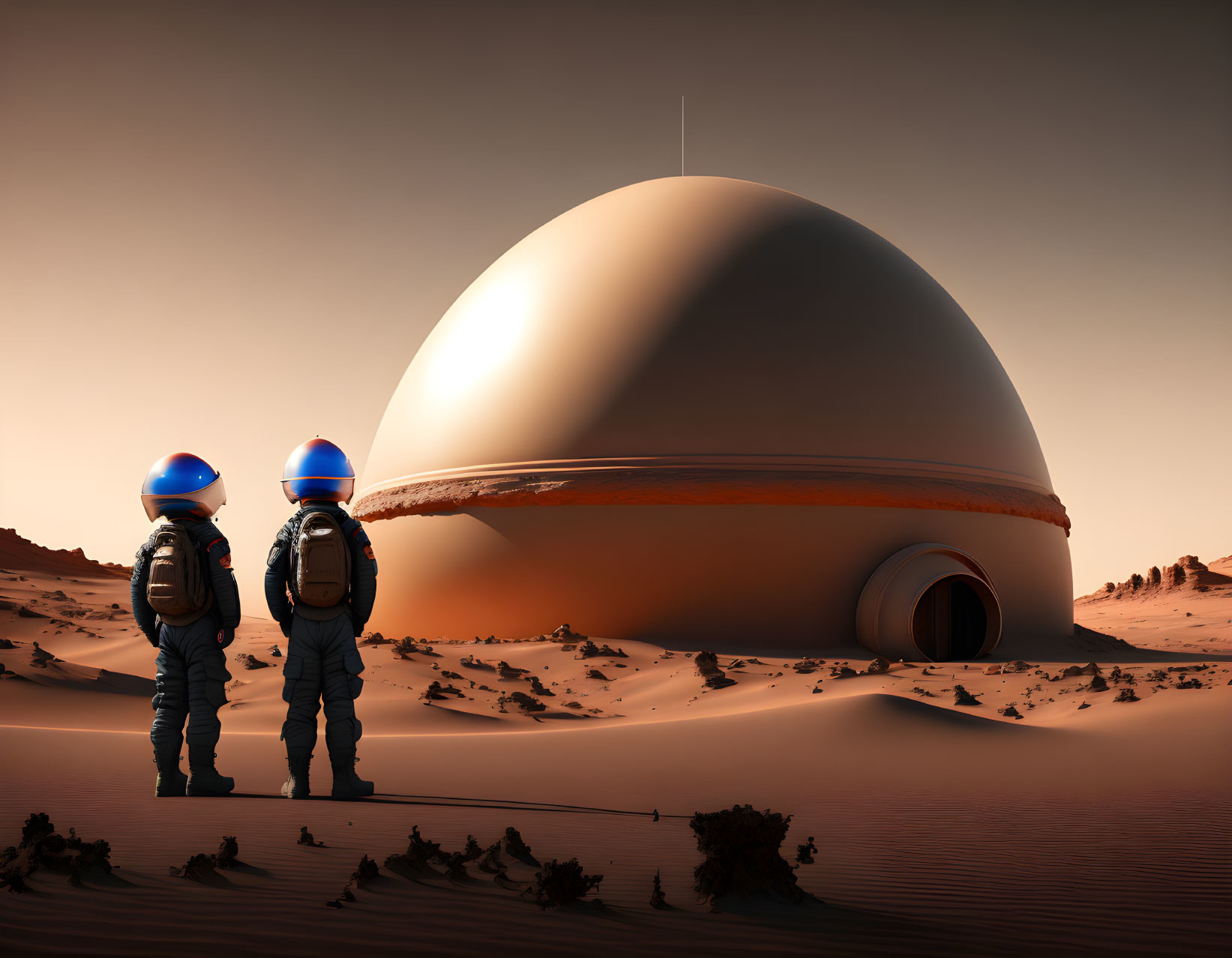 Astronauts in spacesuits on alien planet with domed structure