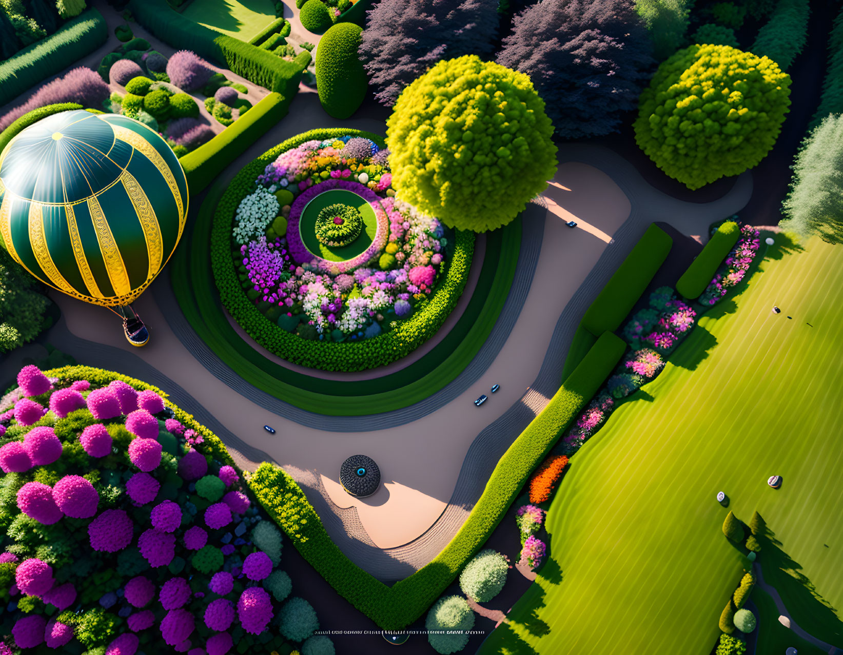 Colorful garden with patterned flowerbeds and hot air balloon