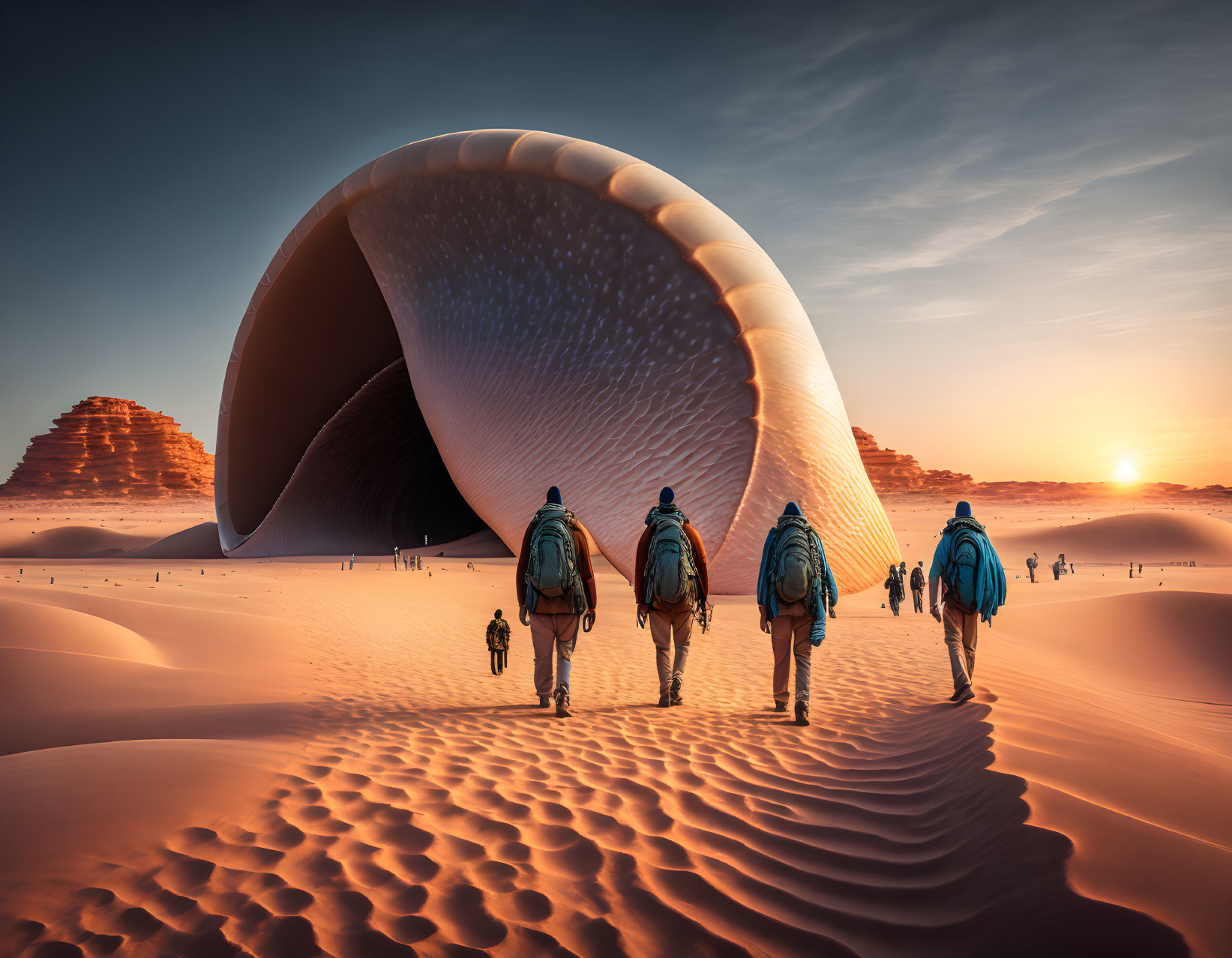 Explorers with backpacks approach giant shell in sandy desert at sunset