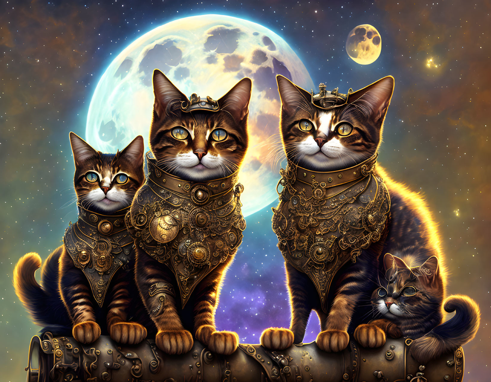 Regal cats in steampunk armor under celestial sky