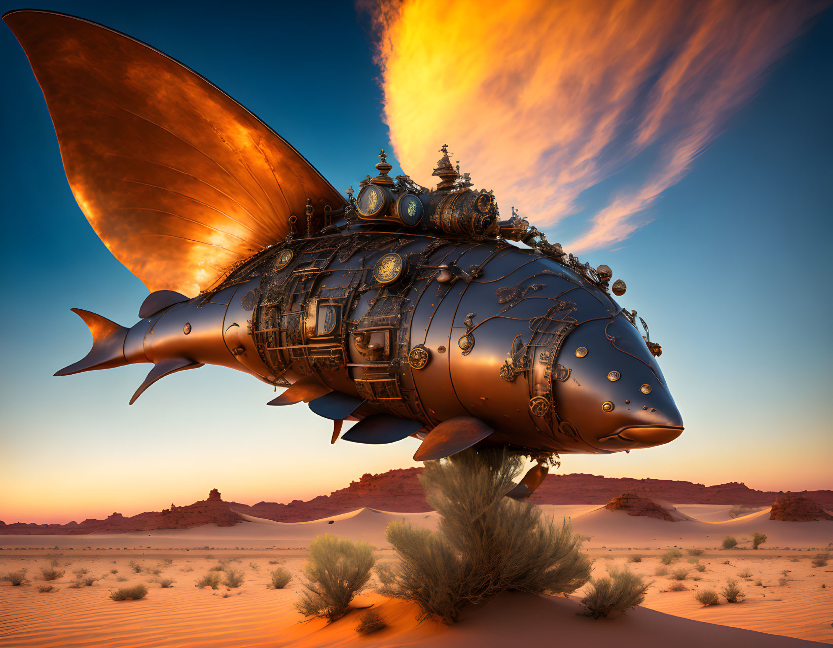 Steampunk-style fish-shaped airship flying over desert landscape at dusk