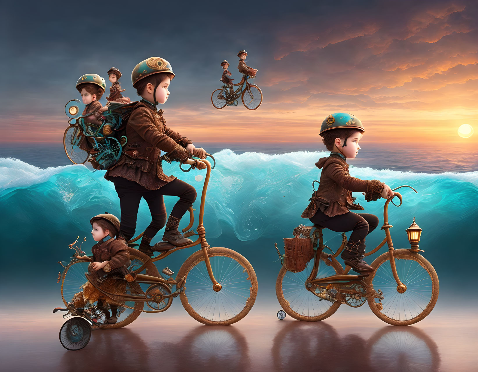 Children in vintage diving outfits ride bikes on waves at sunset