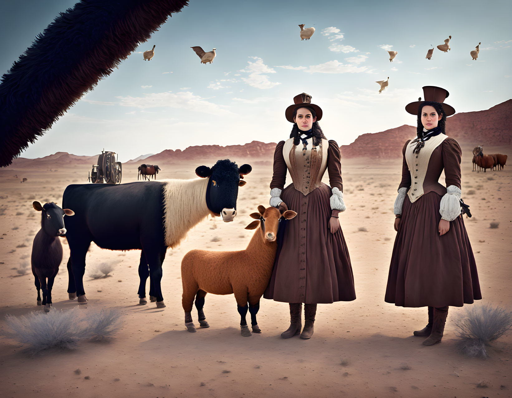 Vintage-clad women with animals in desert surreal scene