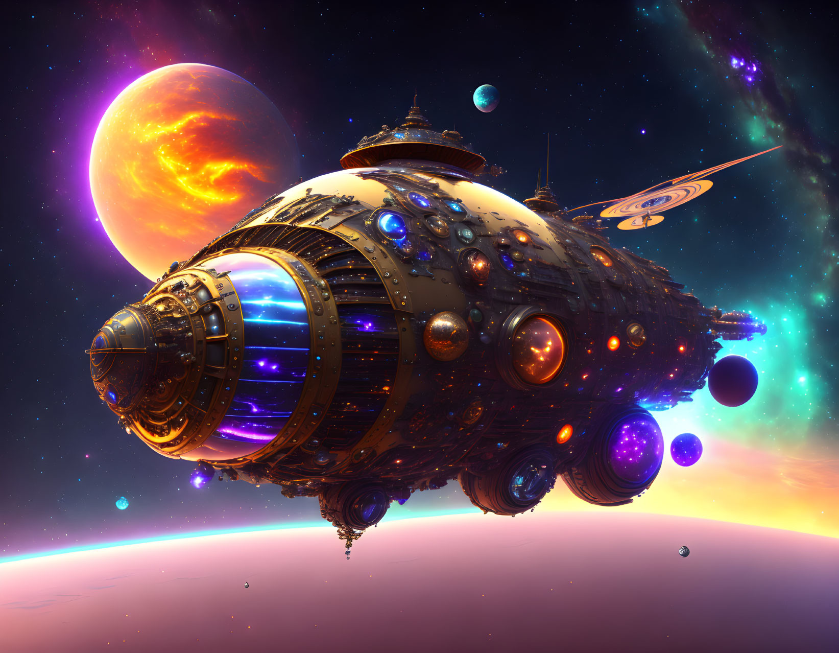 Futuristic spaceship in vibrant cosmic landscape